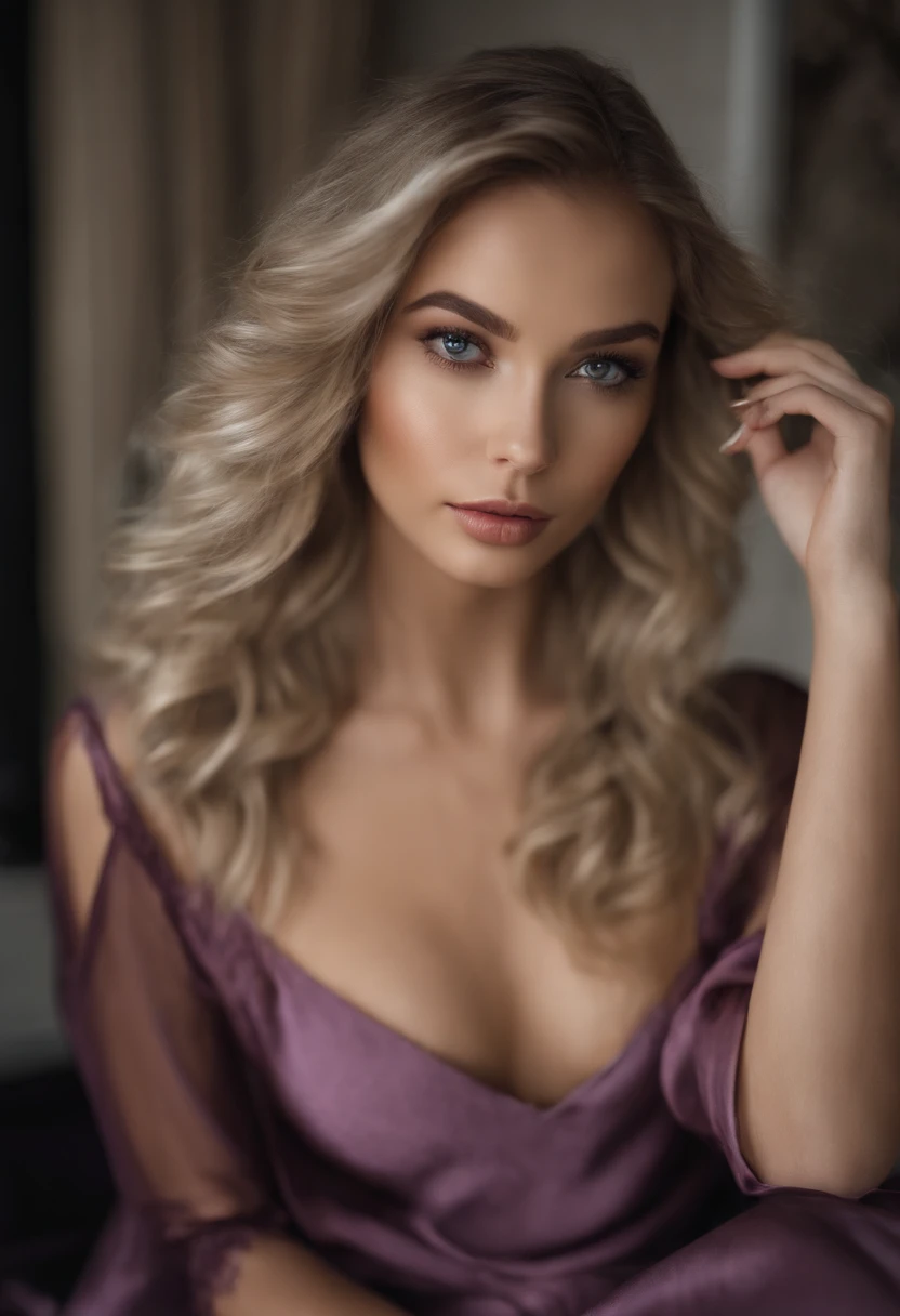 Arafed woman completely , fille sexy aux yeux bleus, ultra realist, Meticulously detailed, Portrait Sophie Mudd, cheveux blonds et grands yeux, selfie of a young woman, Yeux de chambre, Violet Myers, sans maquillage, maquillage naturel, looking straight at camera, Visage avec Artgram, Maquillage subtil, Superbe photo du corps entier dans une chambre, in the bedroom, Medium to large bust, lingerie en soie noire