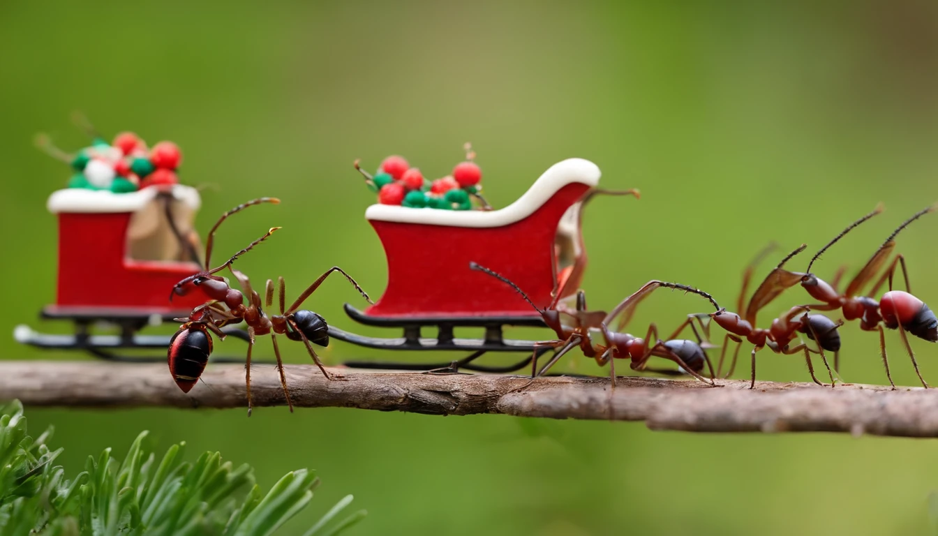 Ants are pulling a Christmas sled