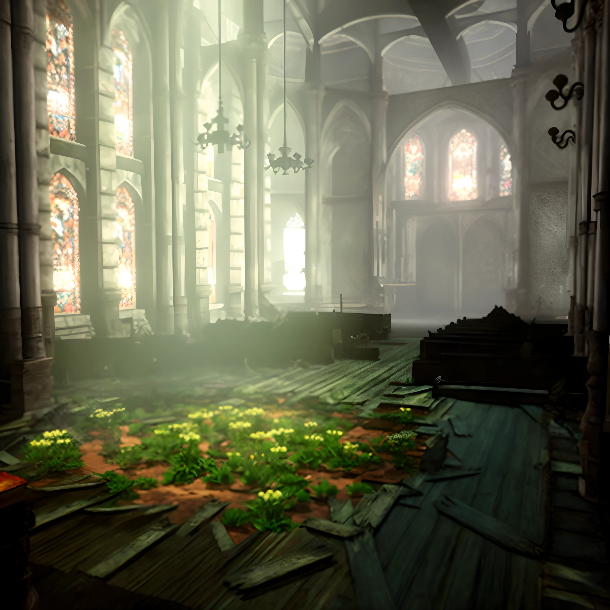 There is a large room with lots of windows and a bouquet of flowers, Magnifique concept art 3D, Unreal Engine Render concept art, Interior of the post-apocalyptic palace, Cyberpunk Church, An ecological gothic scene, Gothic interior, Unreal Engine 3 D Render, Cyberpunk Cathedral, Illumination globale!! complexe, rendu dans Unreal Engine 3, Unreal Engine Fantasy Art, Gothic epic library concept