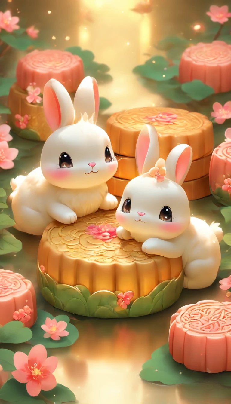 Two cute rabbits sitting on mooncakes admiring peach blossoms,Ultra-detailed,Realistic:1.37,A high resolution,Vivid colors,with its soft fur,Fluffy tail,small pink nose,Sparkling eyes,rounded ear,thick chubby body,White and gray fur,Delicate peach blossoms,Blooming flowers,Green leaves,Dark red and pink tones,Crispy mooncakes with a golden crust,Decorative pattern on mooncakes,Calm and peaceful moonlit night,a peaceful and serene atmosphere,The faint moonlight casts soft shadows,Rabbit's reverent gaze,Playful interaction between rabbits,Moonlight is reflected on their fur,Subtle starry sky in the background,Harmony and a sense of balance,A sublime scene full of tenderness and beauty.