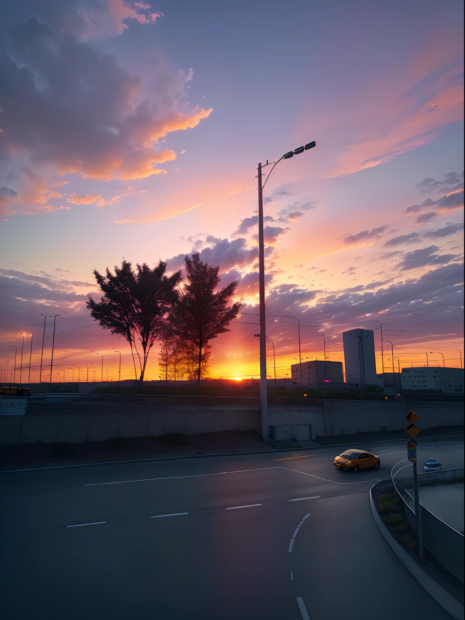 Sunset on the highway with cars and street lights, highway and sunset!!, vibrant sky, With sunset, City sunset, shot on iphone 1 3 pro max, shot with iphone 1 0, taken on iphone 1 3 pro, HDR photo, Sunset photo, Sunset in background, nice sunset, sunset ligthing, Colorful sunset!!, Sunset in the background
