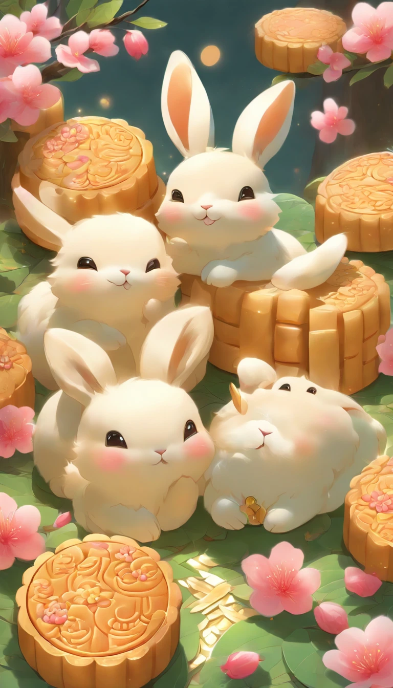 Two cute rabbits sitting on mooncakes admiring peach blossoms,Ultra-detailed,Realistic:1.37,A high resolution,Vivid colors,with its soft fur,Fluffy tail,small pink nose,Sparkling eyes,rounded ear,thick chubby body,White and gray fur,Delicate peach blossoms,Blooming flowers,Green leaves,Dark red and pink tones,Crispy mooncakes with a golden crust,Decorative pattern on mooncakes,Calm and peaceful moonlit night,a peaceful and serene atmosphere,The faint moonlight casts soft shadows,Rabbit's reverent gaze,Playful interaction between rabbits,Moonlight is reflected on their fur,Subtle starry sky in the background,Harmony and a sense of balance,A sublime scene full of tenderness and beauty.