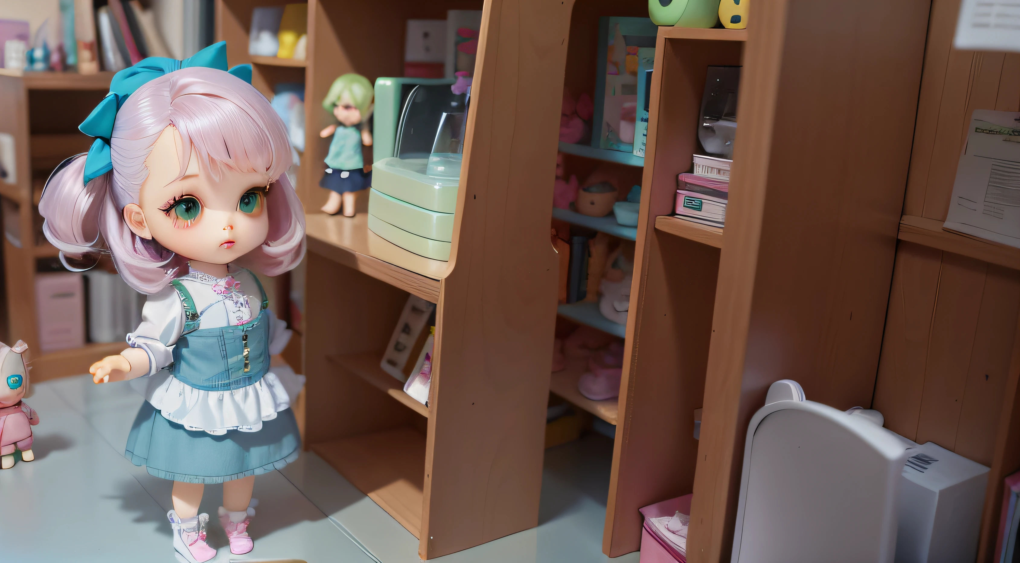 A cute BJD doll, Short hair, Head ratio 2:1, Big head, Round toot cute, Pink green gradient hair color, Wear cute dresses, Real skin texture, The clothing fabric is realistic, photo-realistic hair, Real hair