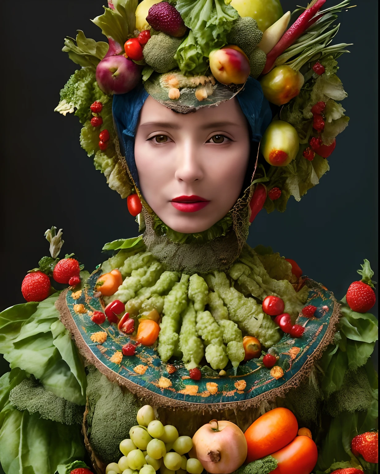 Arcimboldo-style painting, the upper body of a Japanese girl, naked, formed from a collection of vegetables