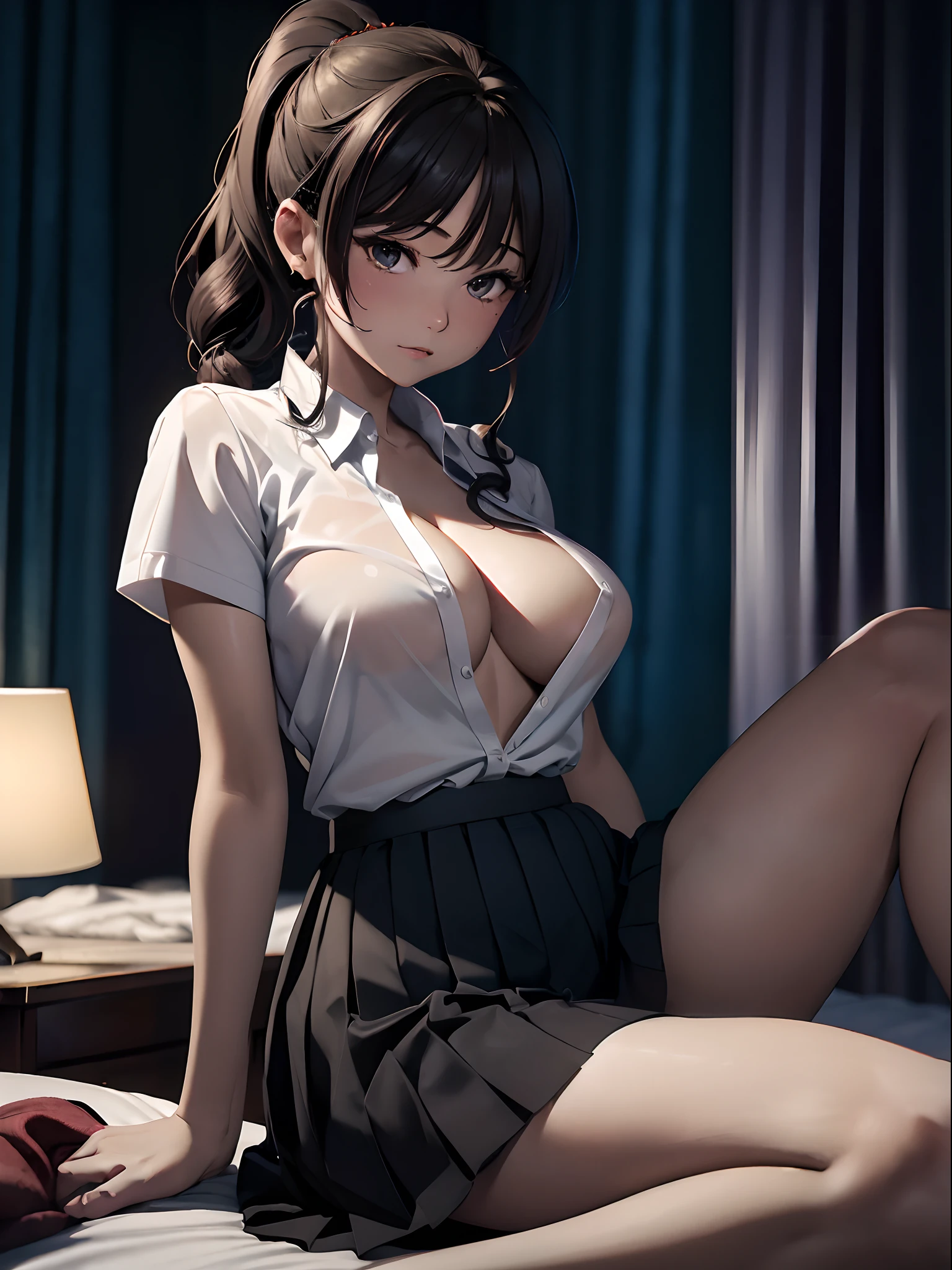 modest brown hair、Loose curly hair、boredom、Short ponytail、poneyTail、Woman in her 30s、35 year old、OL、adult lady、White short-sleeved shirt、skirt by the、(cry cry、Reluctant、lyin in bed、forcibly、Wide open shirt、Shoulders exposed、鎖骨、Exposed breasts、Areola insisting、areola with blurred outlines,、Shirt lowered to the elbow)、Beautiful legs、Bedrooms、Opening legs、Spread your legs、Buttoned shirt