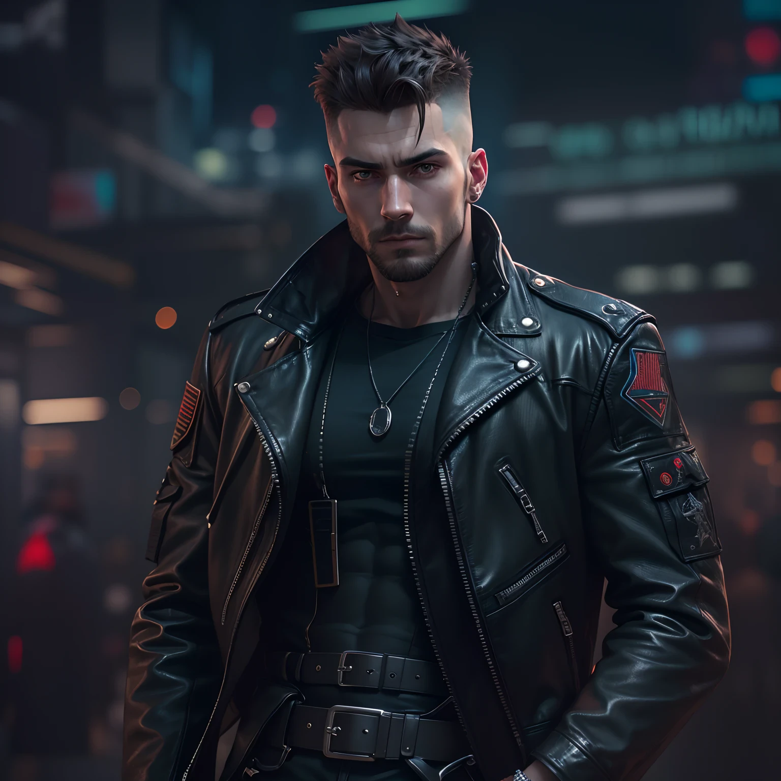(best quality, 4k, 8k, highres, masterpiece:1.2), ultra-detailed, cyberpunk-style face with a military-style haircut, black leather jacket, toned abs, male, portrait face