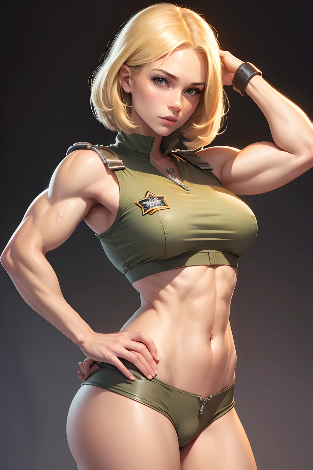 Illustration of blonde girl, muscular with small breasts and very big nipples. She is wearing a pilot uniform from the 70s tv show Battlestar Galactica. She has very lage cameltoes. She has short, shaved hair. No headgear. No hat.