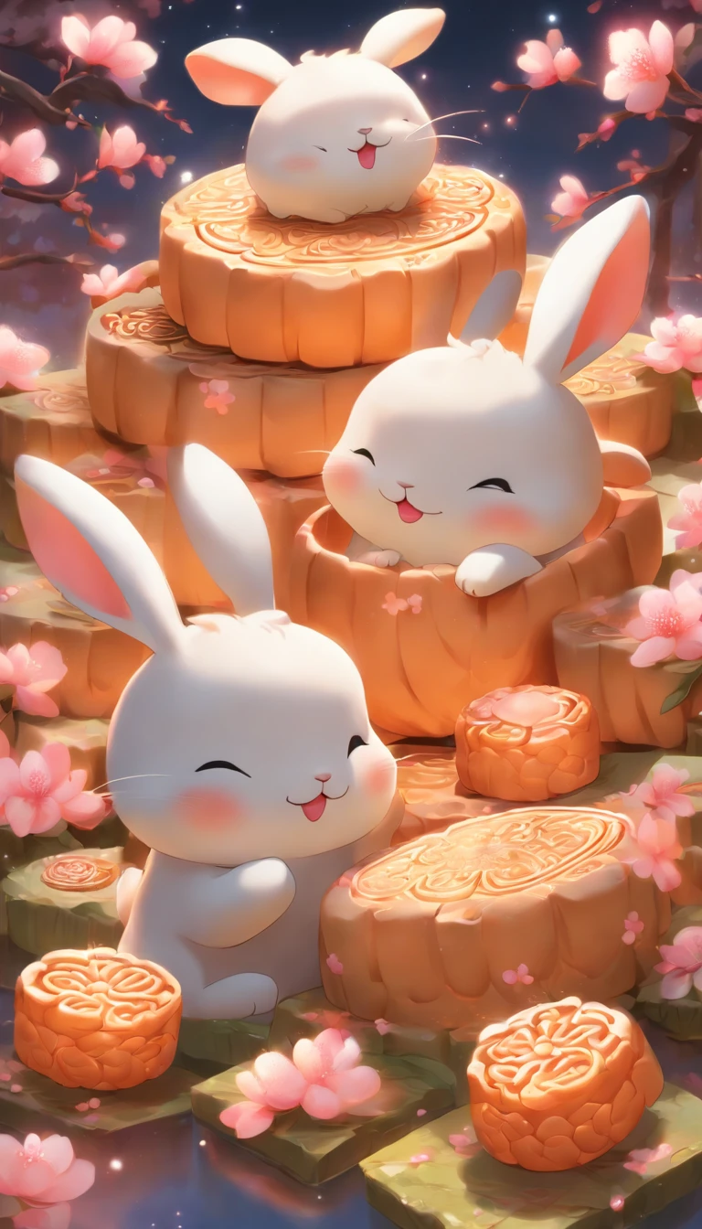 Two cute rabbits sitting on mooncakes admiring peach blossoms,Ultra-detailed,Realistic:1.37,A high resolution,Vivid colors,with its soft fur,Fluffy tail,small pink nose,Sparkling eyes,rounded ear,thick chubby body,White and gray fur,Delicate peach blossoms,Blooming flowers, crispy mooncakes with golden shells,Decorative pattern on mooncakes,Rabbit's reverent gaze,Playful interaction between rabbits,Moonlight is reflected on their fur,Subtle starry sky in the background,Harmony and a sense of balance,A sublime scene full of tenderness and beauty.