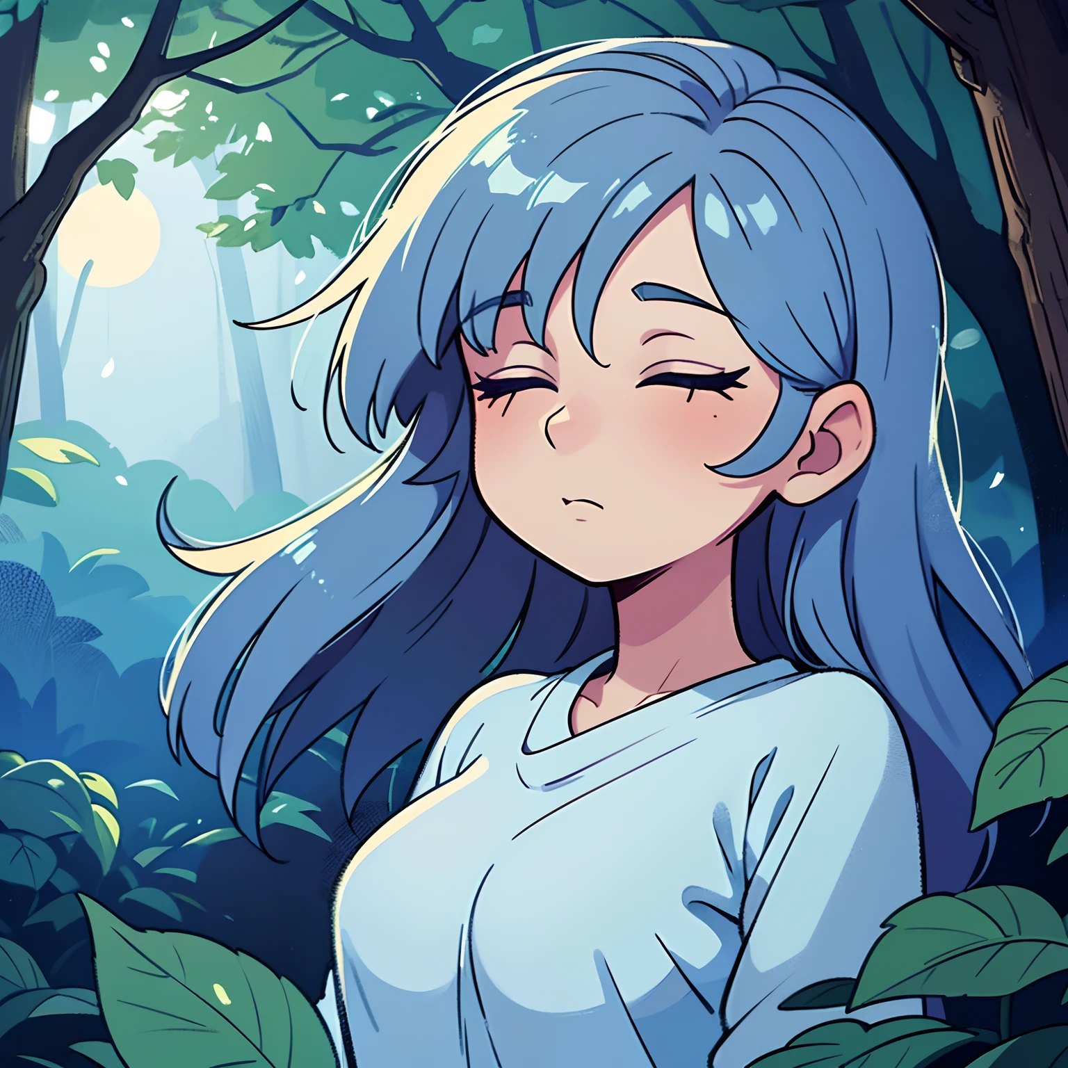 a girl sleeping peacefully in a moonlit forest,soft glowing moonlight,whispering leaves,calm tranquility,medium:oil painting,dreamy atmosphere,slight breeze,delicate and serene,dreamlike colors,subtle shadows,best quality,ultra-detailed,painting style:impressionism,muted color palette,impressionistic brushstrokes,ethereal beauty