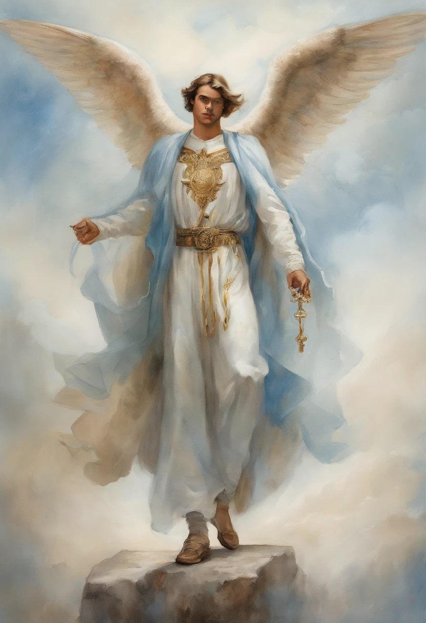 22 years old angel guy with beautiful wings ,dressed with futuristic clothes by balenciaga supreme nike adidas, clouds background, art by Velazquez