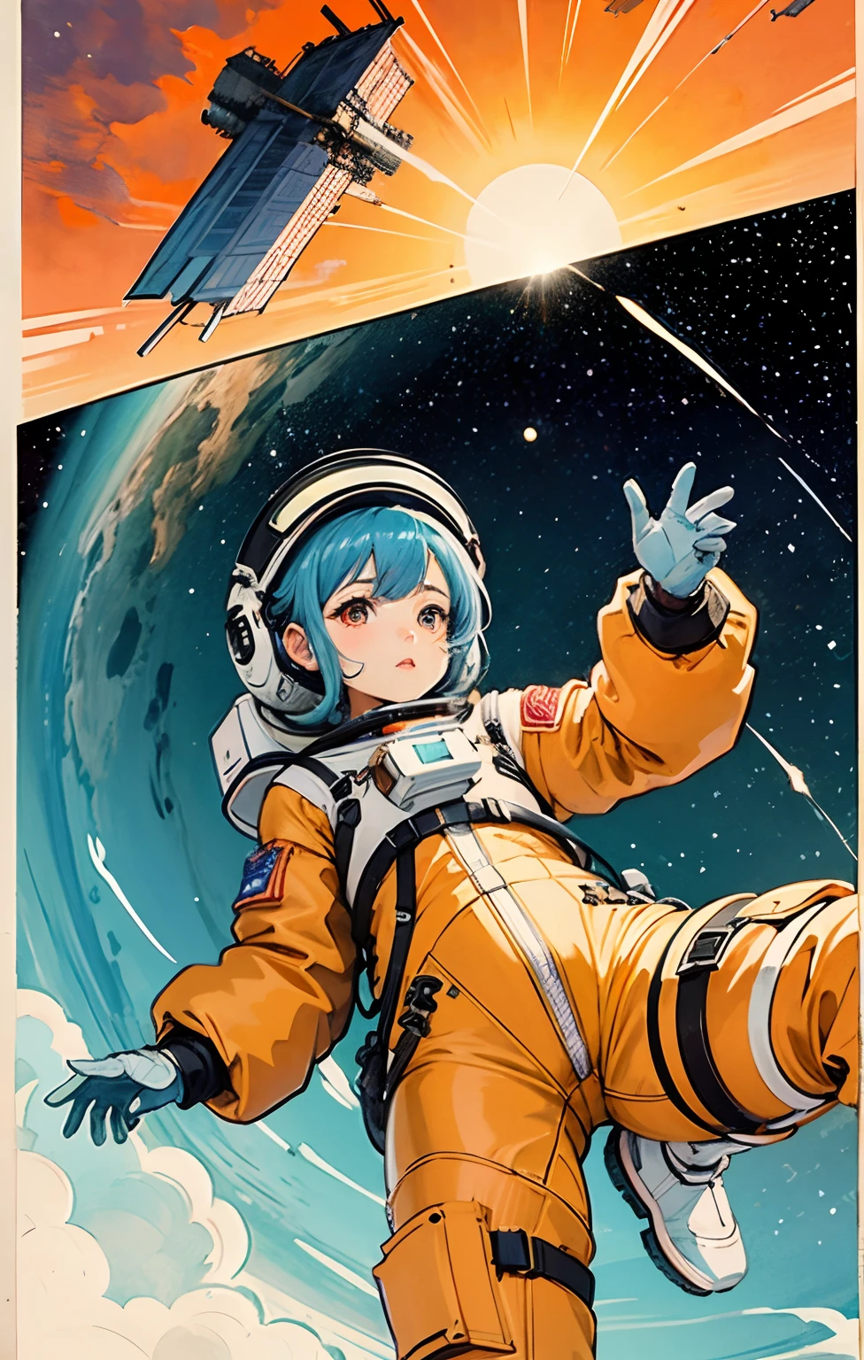 1girl, flat breast, cute little, beatiful detailed eyes, Shiny light blue hair, USA Poster,  red eyes, girl with,tiny chest,space suits:Orange_clothing_body:Jumpsuit), white_gloves, white_Space boots, white_helmet, American scarlet letters on the top of the helmet, weightless, side lights, Reflectors、The person in the spacesuit is in the lower left corner of the photo.、Extend your right hand、The right hand gently touches the Salyut space station)、Space station in the upper right corner of the screen、Reflected light from the sun、Silvery metal、Red Flag、brilliance、Soviet style、diffuse reflection、metal texture、Distant Blue Earth、 mecha style、Starsea、High Profile、An majestic