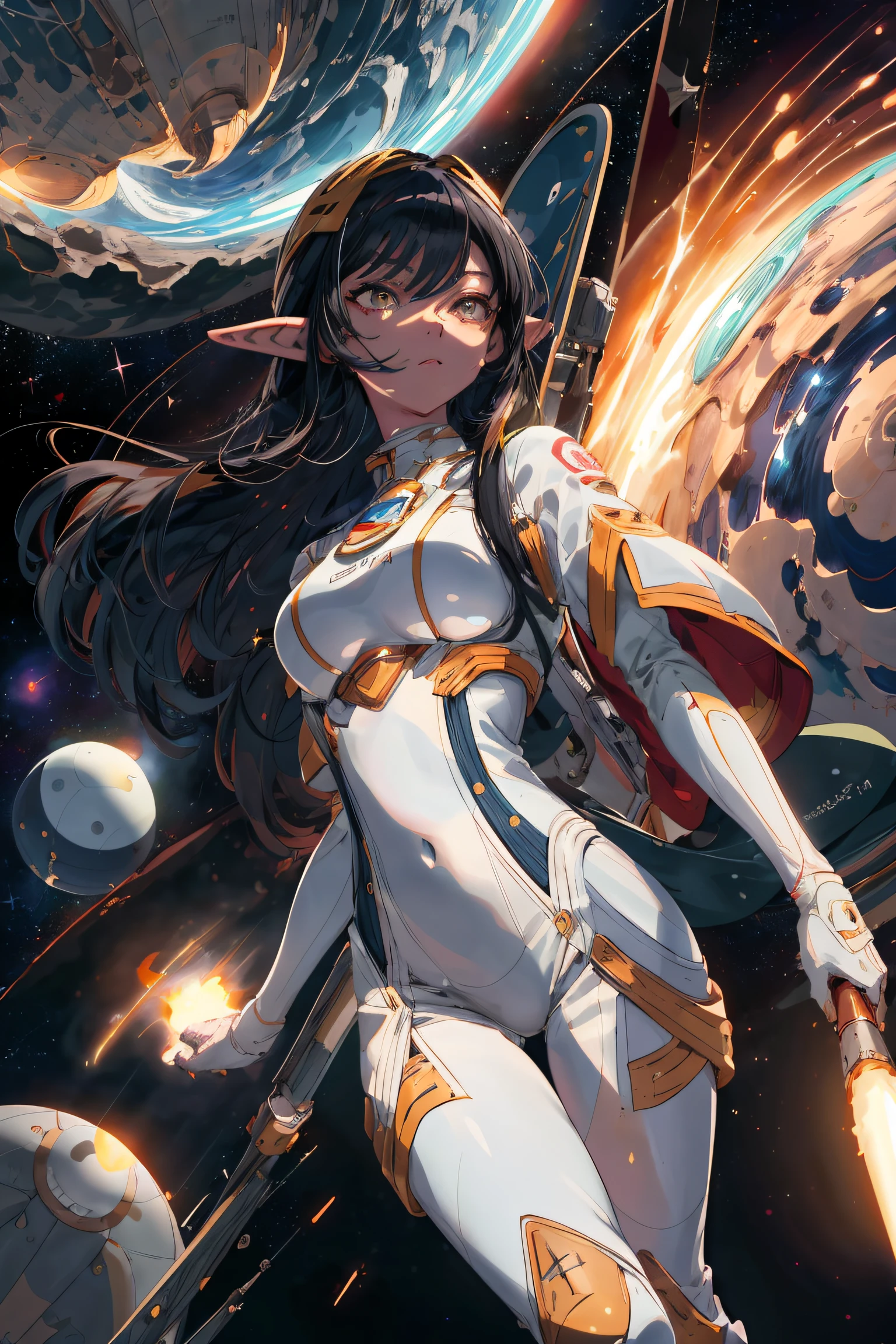 potrait a women elf astronot, long black hair, white eyes, tall body, fix rocket egine, space background, wide angle, masterpiece, best quality, detailed skin, detailed eyes,8k, good shading, beautiful strokes, detailed background, good anatomy 40k, photography, masterpiece, best quality, ((((masterpiece)))), high quality, very_high_resolution, large_filesize, full color, beauty,