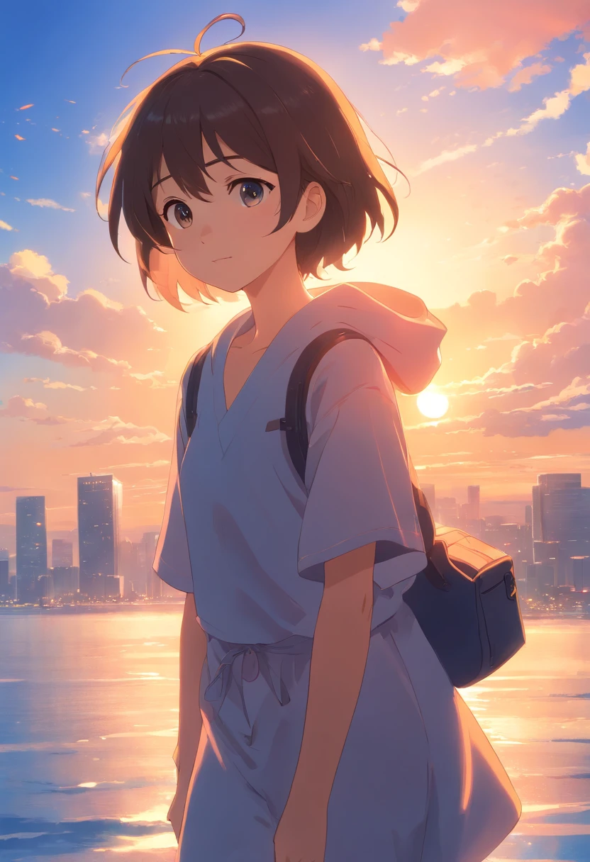 masterpiece、top-quality、Movie stills、1girl in、Cloud Girl、floating in sky、a closeup、发光、Happiness、Warm and soft lighting、the setting sun、(Spark:0.7) Male child