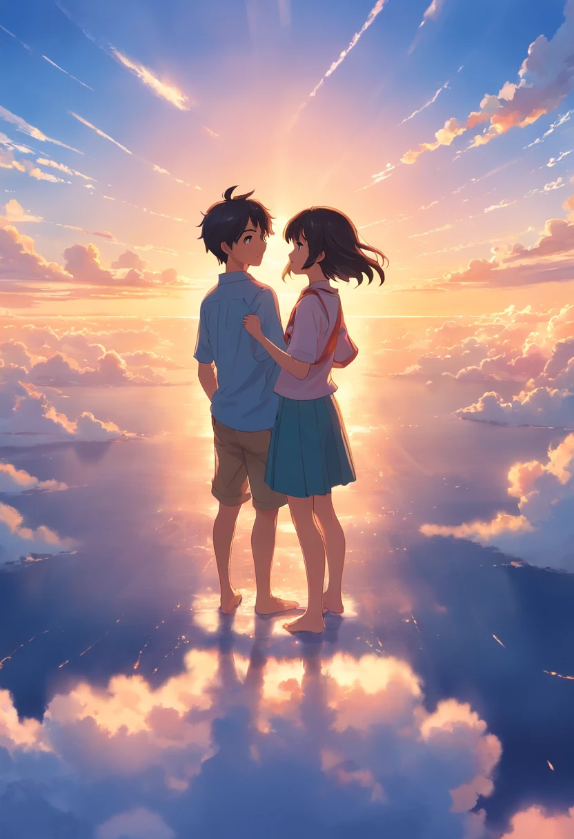 masterpiece、top-quality、Movie stills、1girl in、Cloud Girl、floating in sky、a closeup、发光、Happiness、Warm and soft lighting、the setting sun、(Spark:0.7) Male child