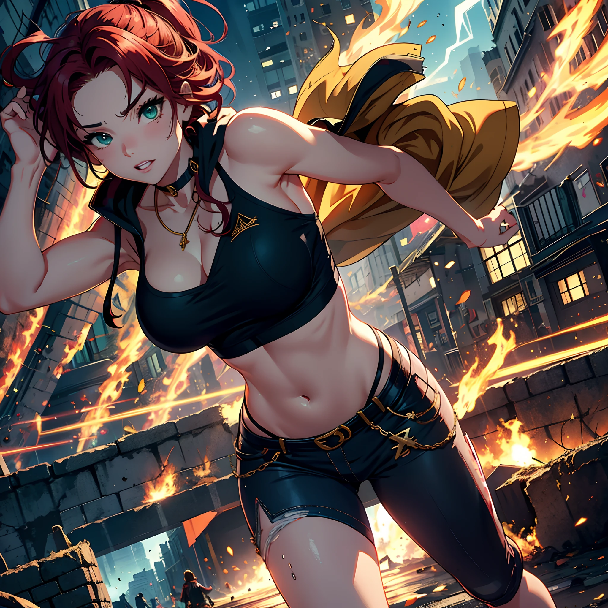 (top-quality、hight resolution、8k、masterpiece:1.2)。Curvaceous but slender、Muchimuchi Body、Grinning Female Wizard、Vandalizing buildings in a battered ancient city。Featuring double teeth, she wields magical powers.。With magic emitted from the right hand、Buildings and roads、Bolides、Next Bridge々and have collapsed、Scattered with burning debris。Rubble and pebbles float up、A yellow aura covers her entire body。Although its power is overwhelming、At the same time it is in harmony with beauty。Draw the moment she is destroying the building with magic。Half-taken off hoodie、accessorized、mole、Eyebrows、double tooth、canine teeth、poneyTail、Muscular nose、Clear detailed green eyes、Red-haired、red blush、short-haired、a choker、Fleshy lips、Physical beauty、well-muscled、Raise bangs in a headband、Oforehead、Mysterious fashion、Street Fashion、Anime style、animesque、The scene of the great fire、Oversized trousers、unreal、Depiction in motion、White the、Fashion in white tones、Vandalism、insurrection、karo、Decaying buildings、the fire、Fire incident、tornado、Must-win poses、Backgrounds with depth、Equipped with a Japan sword on the back、Equipped with Japan swords at the side waist、Flame Magic、Wizard Equipment、Light equipment、a necklace、Bracelets、Misanga、arm band、Tattoo on the shoulder、espadrilles、thunder、Roaring thunder、lightning bolt、tornado、colorful backdrop、Thunder in the hand、Light and Wall Co-star、Little green-eyed black cat supporting magic attack overhead