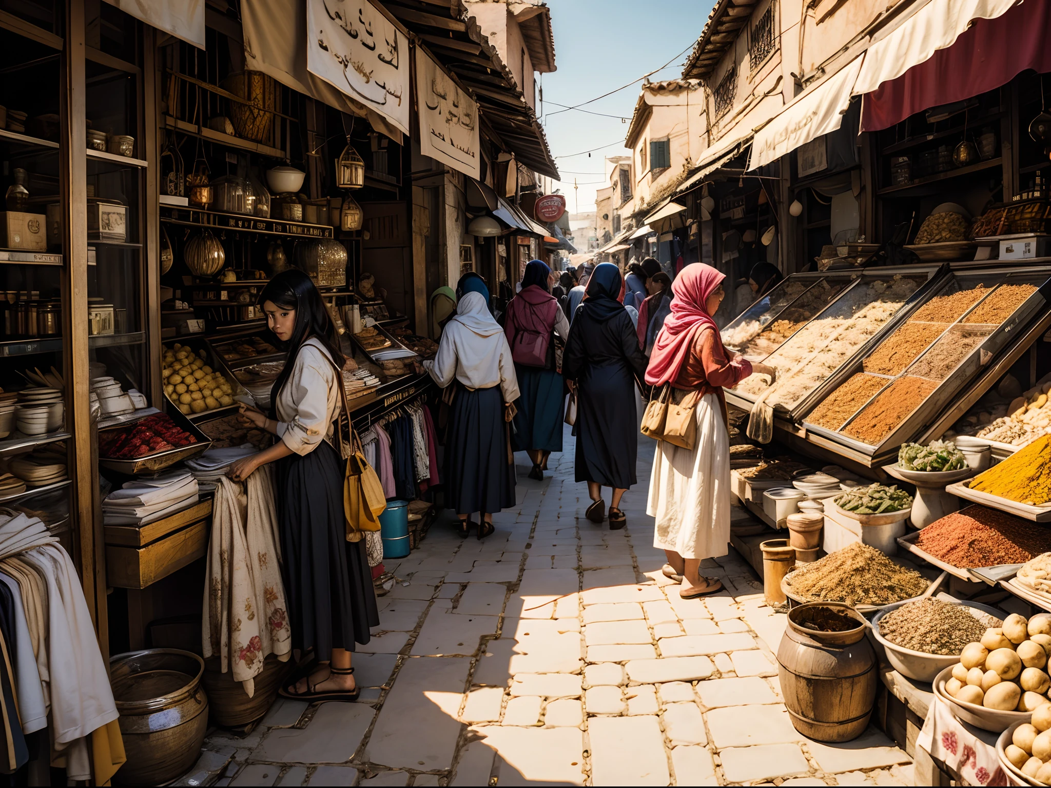 Documentary-style photography of a bustling marketplace in Marrakech, with spices and textiles