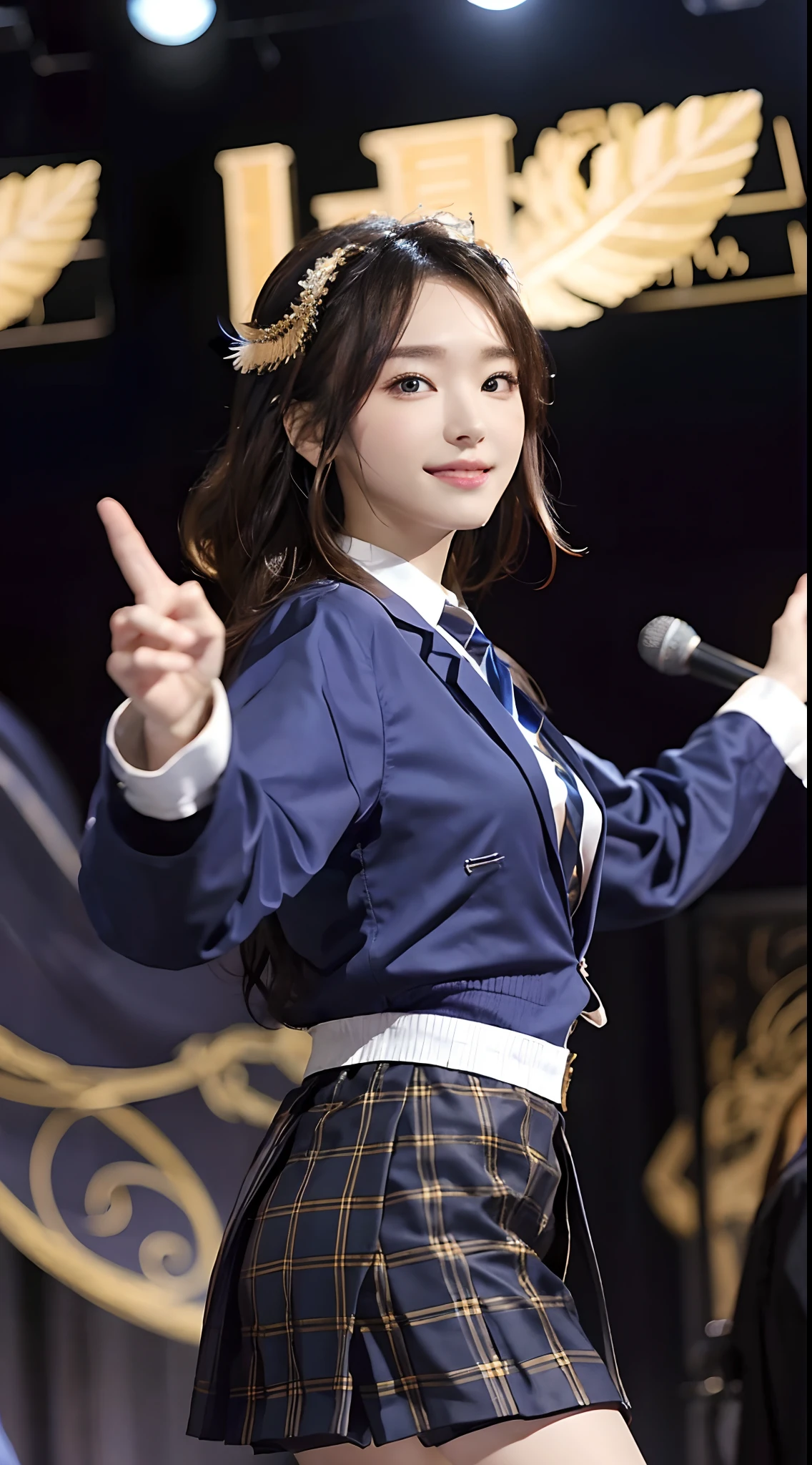 masterpiece、1 Beautiful Girl、A detailed face、A detailed eye、Detailed skin、Detailed hand、top-quality、Illuminated from the front with bright lighting、profetional lighting、Facing straight ahead、The background is a little blurry、The costumes are idol costumes like AKB48(Check short skirt、Jacket feather hair ornament、Cute tie)、Trendy Korean Cosmetics、Amazing smile、Dancing on a live stage、
Some of the costumes and hair ornaments are blue、
Hairstyle is long hair、
Age is 18 years old、
Left arm spread wide、
The color of the eyeball is black、