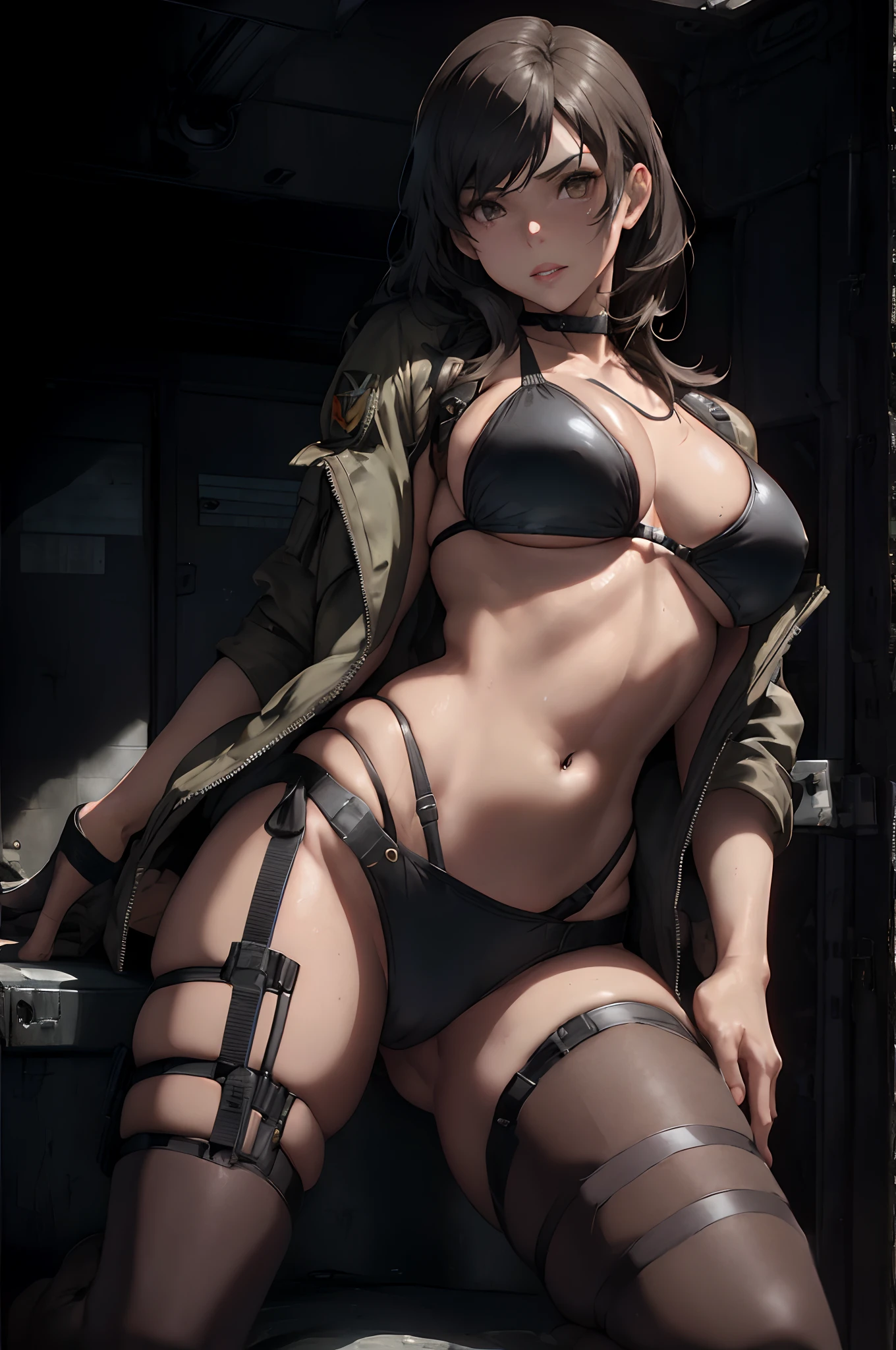 a close up of a woman in a bikini and jacket, sultry body with sexy belly, hyperrealistic full figure, quiet from metal gear solid v, seductive tifa lockhart portrait, seductive confident pose, seductive anime girl, very seductive pose, sexy girl, photo of slim girl model, ultra realistic masterpiece, seductive. highly detailed, quiet from metal gear solid