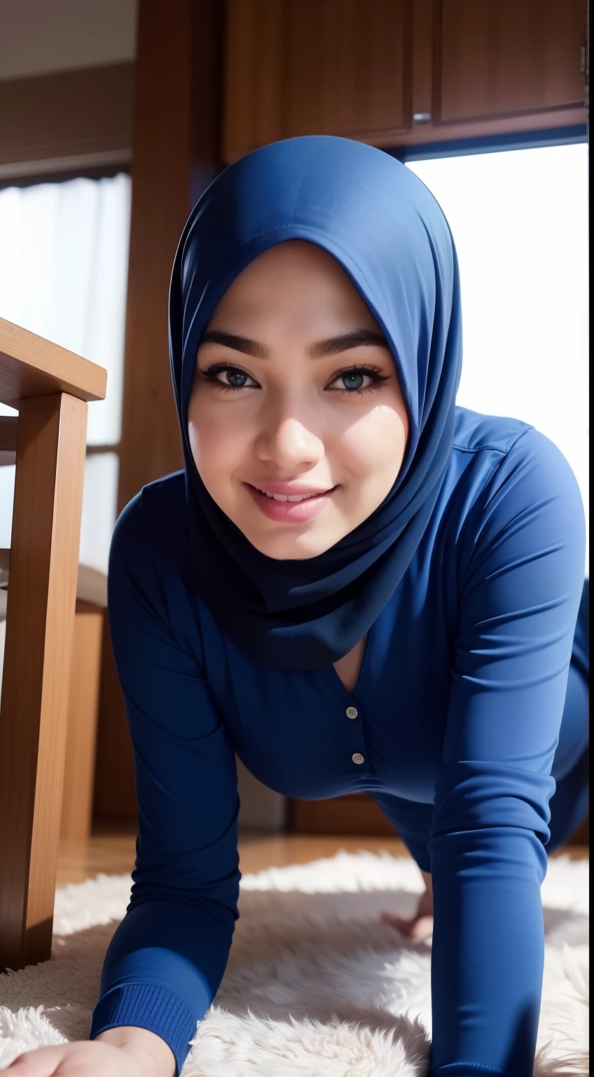 (RAW photo: 1.2), top quality, beautiful detailed malay woman in hijab, underwear, smile, crawling on all fours, blue underwear, highly detailed eyes and face, beautiful detailed eyes, huge file size, high resolution, 8k wallpaper, fine detail, highly detailed ticker uniform 8k wallpaper, light on face, movie lighting, 18 year old girl, sexy pose, (photorealism: 1.4), illustration, Super Detail