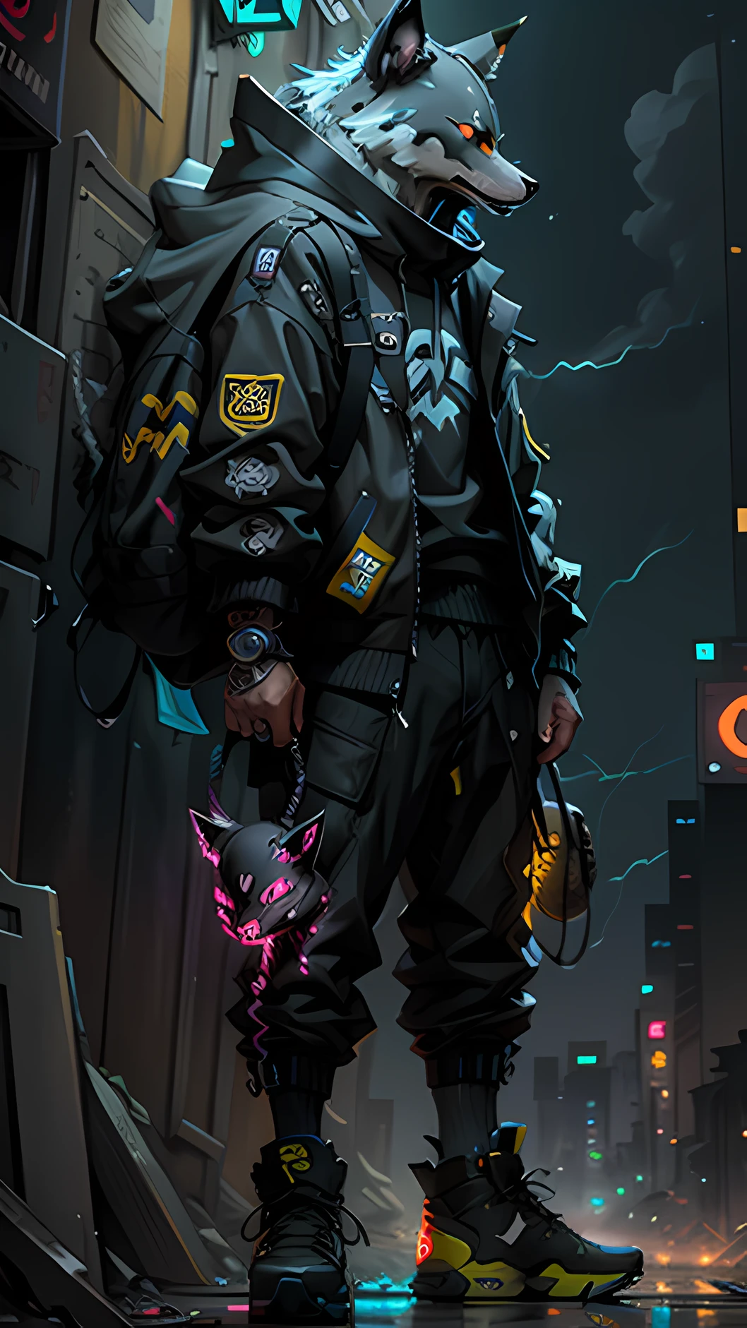 Pikachu Pokémon and ware wolf fusion cyberpunk style in RGB lightning storm