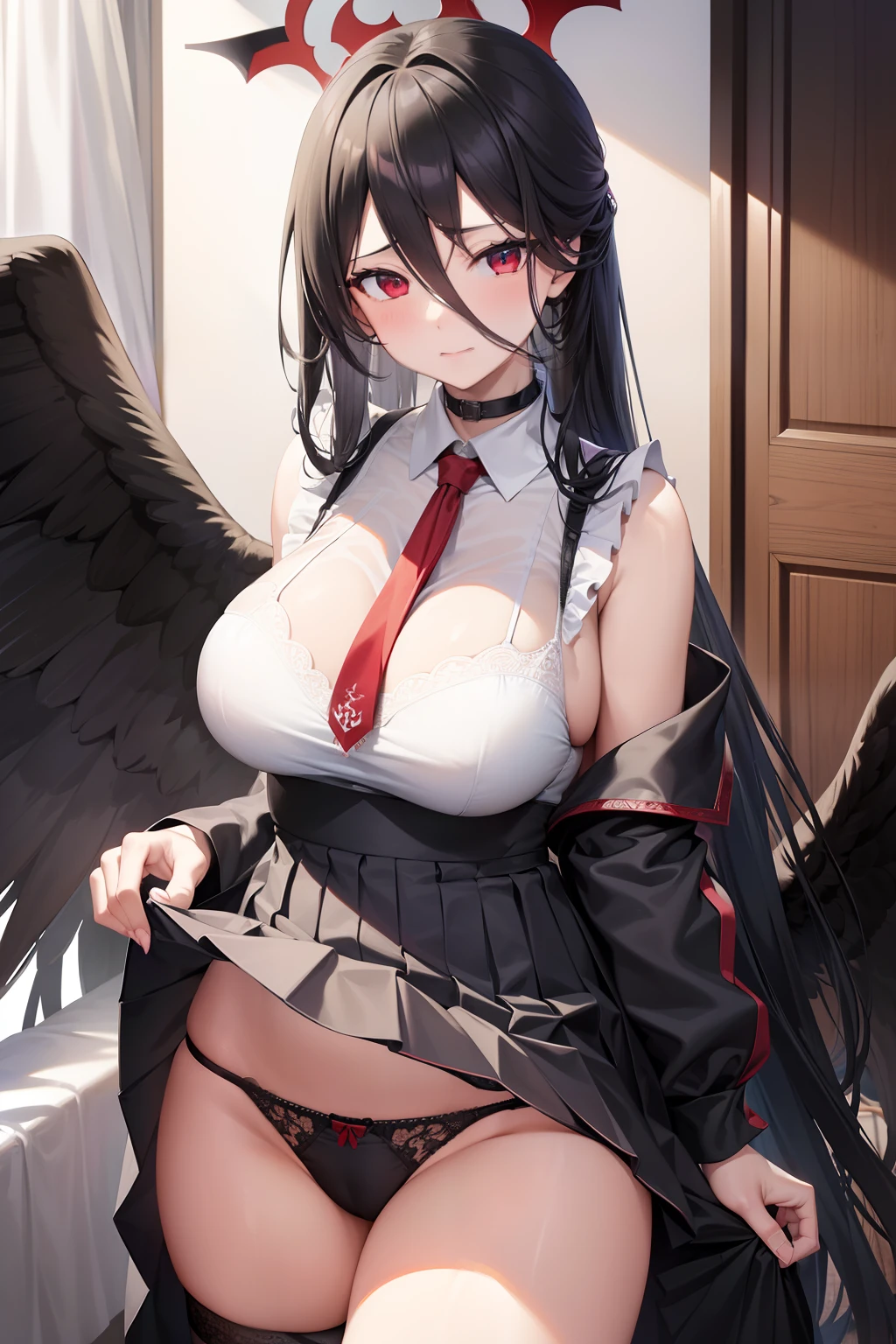 Blue Archive Hasumi, hasumi, Black hair, hair between eye, Long hair, (Red Eyes:1.5), Wings, Black wings, low wings, Feathered wings, (large full breasts:1.2),Blake Black Choker、(Black Serafuk:1.5)、Black skirt、Black Niso、garter strap、long-sleeve、pleatedskirt、student clothes、(serafuku)、side slits、skirt by the、thigh-high socks、BREAK looking at viewer, Break indoors, crass room,BREAK (masutepiece:1.2), Best Quality, High resolution, Unity 8k壁纸, (Illustration:0.8), (Beautiful detailed eyes:1.6), extra detailed face, Perfect Lighting, extremely details CG, (Perfect hands, Perfect Anatomy),A smile、(Skirt lift:1.3), (white panties:1.3)、(Skirt that rolls up:1.3)、(Fully exposed panties:1.5)