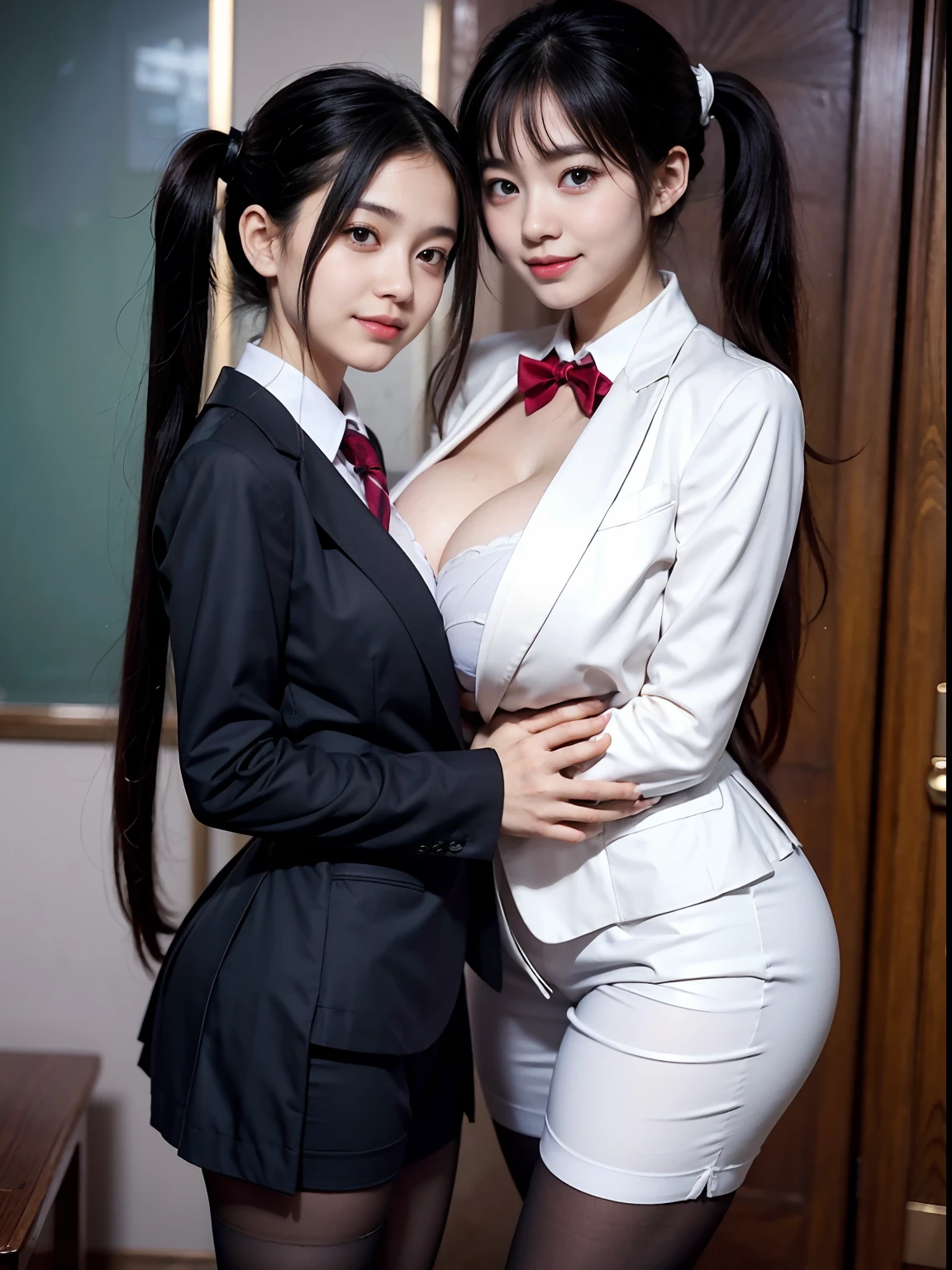 A girl in a school uniform and a girl in a suit hugged each other，Immature face，Cute temperament，Short stature，pigtails，partedbangs，ssmile，super gigantic breasts，Muscles throughout the body，little belly，（plumw，slightly fat big breasts），gigantic hip，fat hips，Huge ass，gigantic hip，The legs are long，beautiful foot