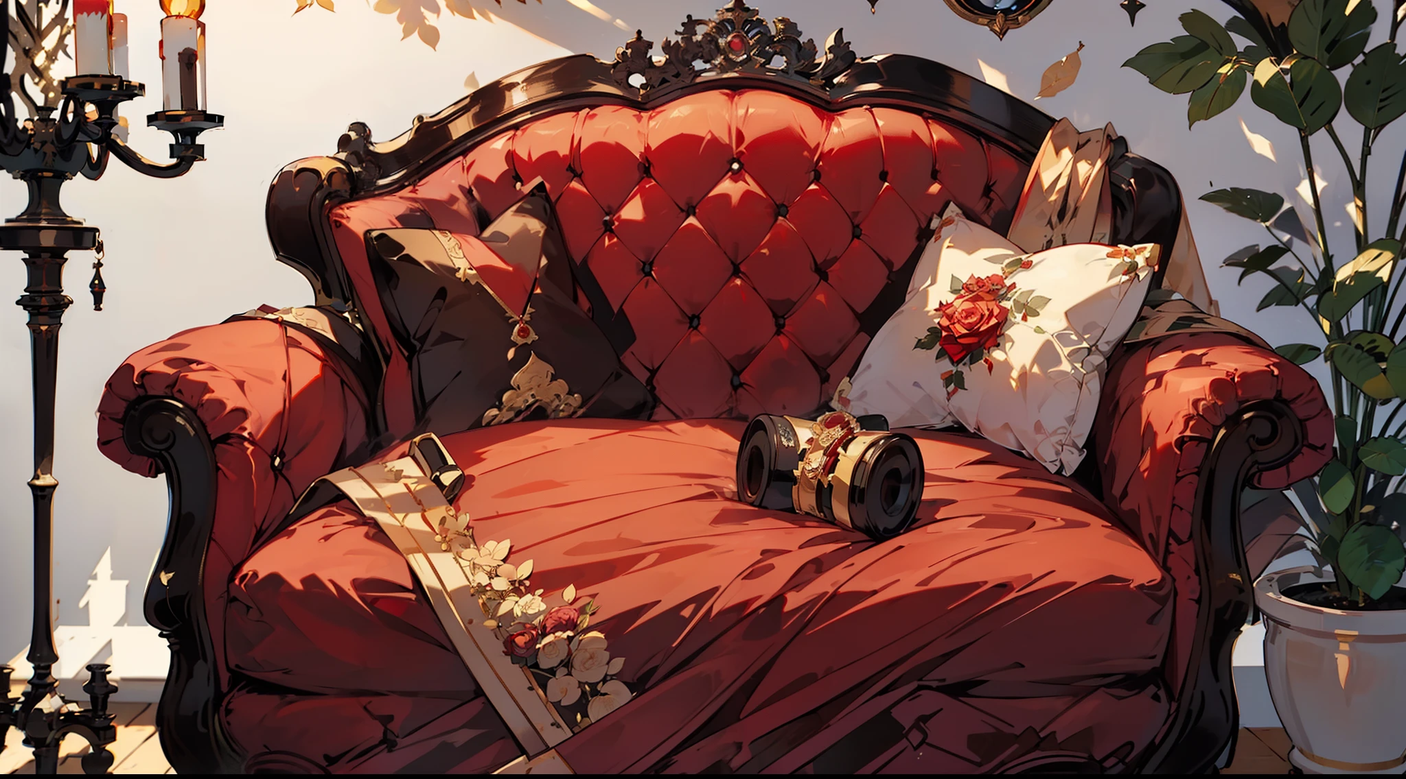 highly detail, ultra-detail, Super High Resolution , Victorian era, Red rose near a wide window, Red Rose Vase, Papers and pen on a small table in the center of red sofas, Burning burner, Golden Chandelier, Gold and red background