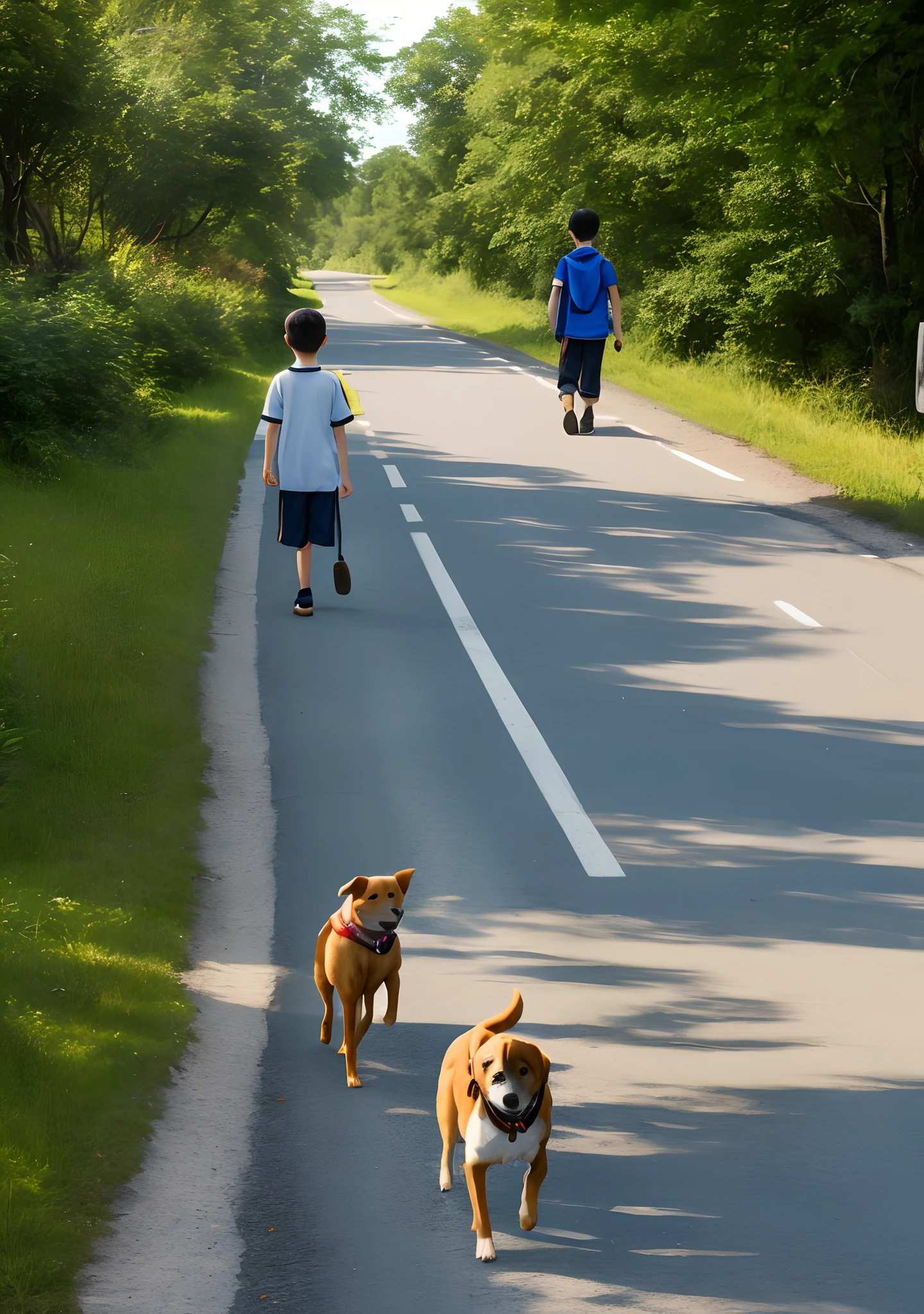 A boy walking at the road with his Dog