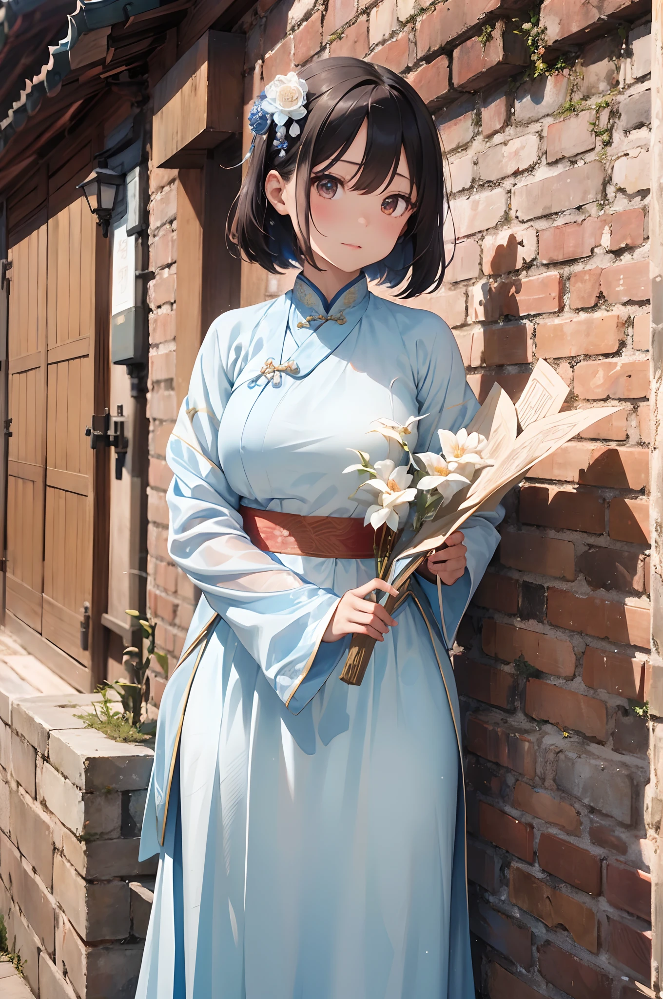 a woman in a blue dress standing next to a brick wall, hanfu, white hanfu, palace , a girl in hanfu, traditional chinese clothing, with acient chinese clothes, wearing ancient chinese clothes, chinese costume, traditional chinese, chinese style, inspired by Gu An, chinese dress, traditional tai costume, inspired by Qian Du, inspired by Qiu Ying