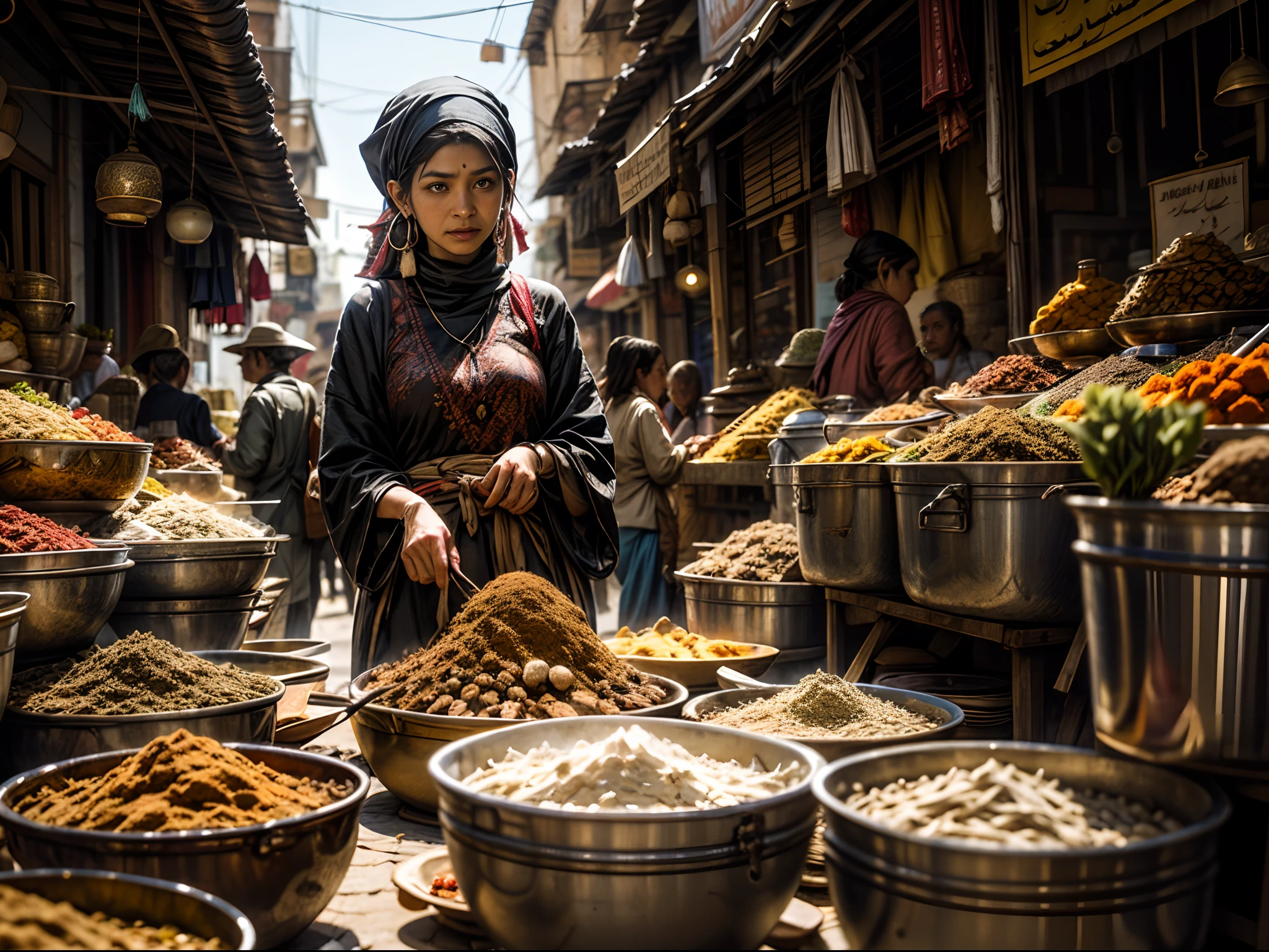 Documentary-style photography of a bustling marketplace in Marrakech, with spices and textiles, close up of spices with blurred background, people haggling over spices