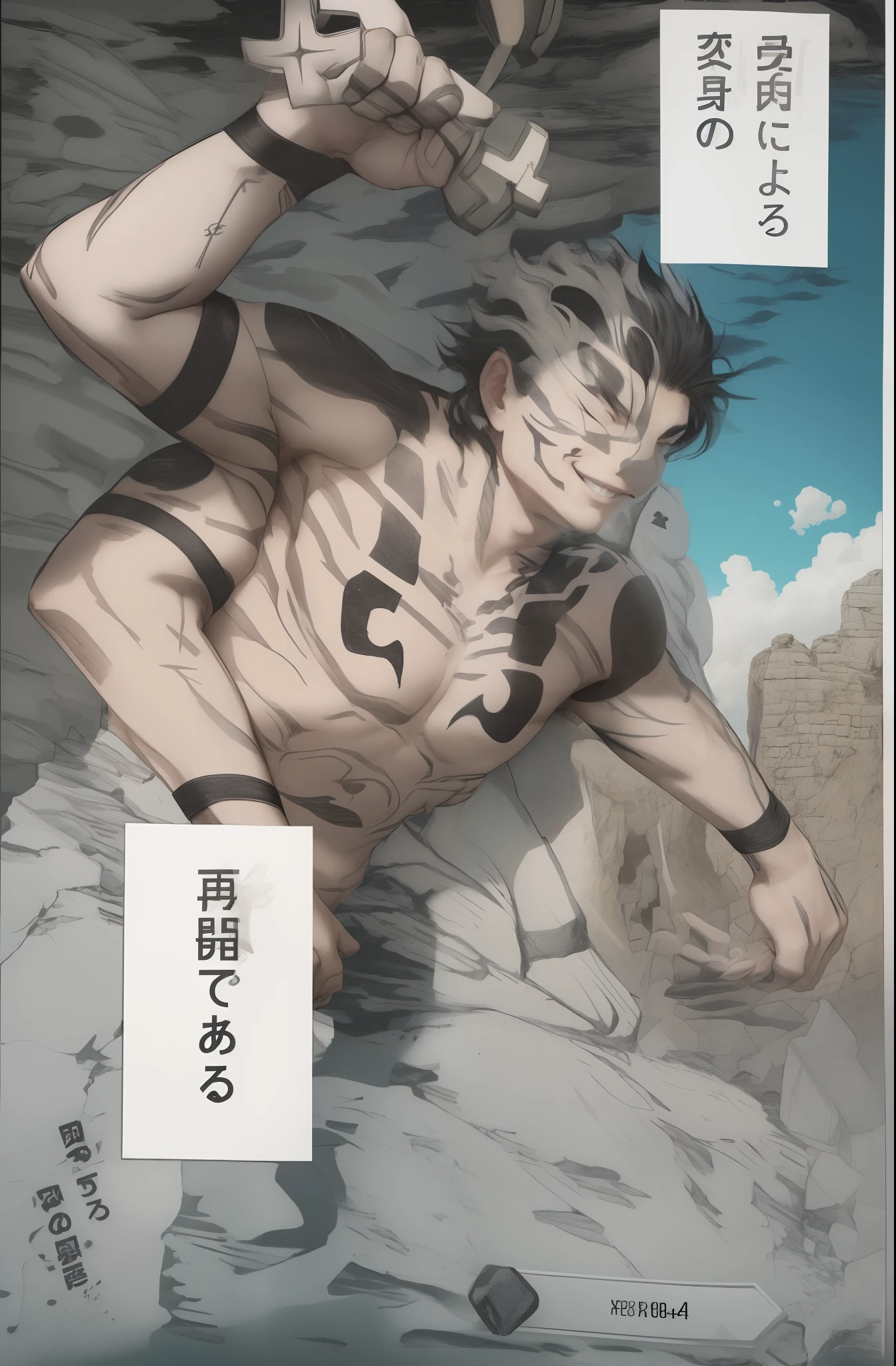 One men, four arm,smile face, white clear eyes, black hair, body black tattoo, rock background, sky, morning wether, sunlight, Sunny,
