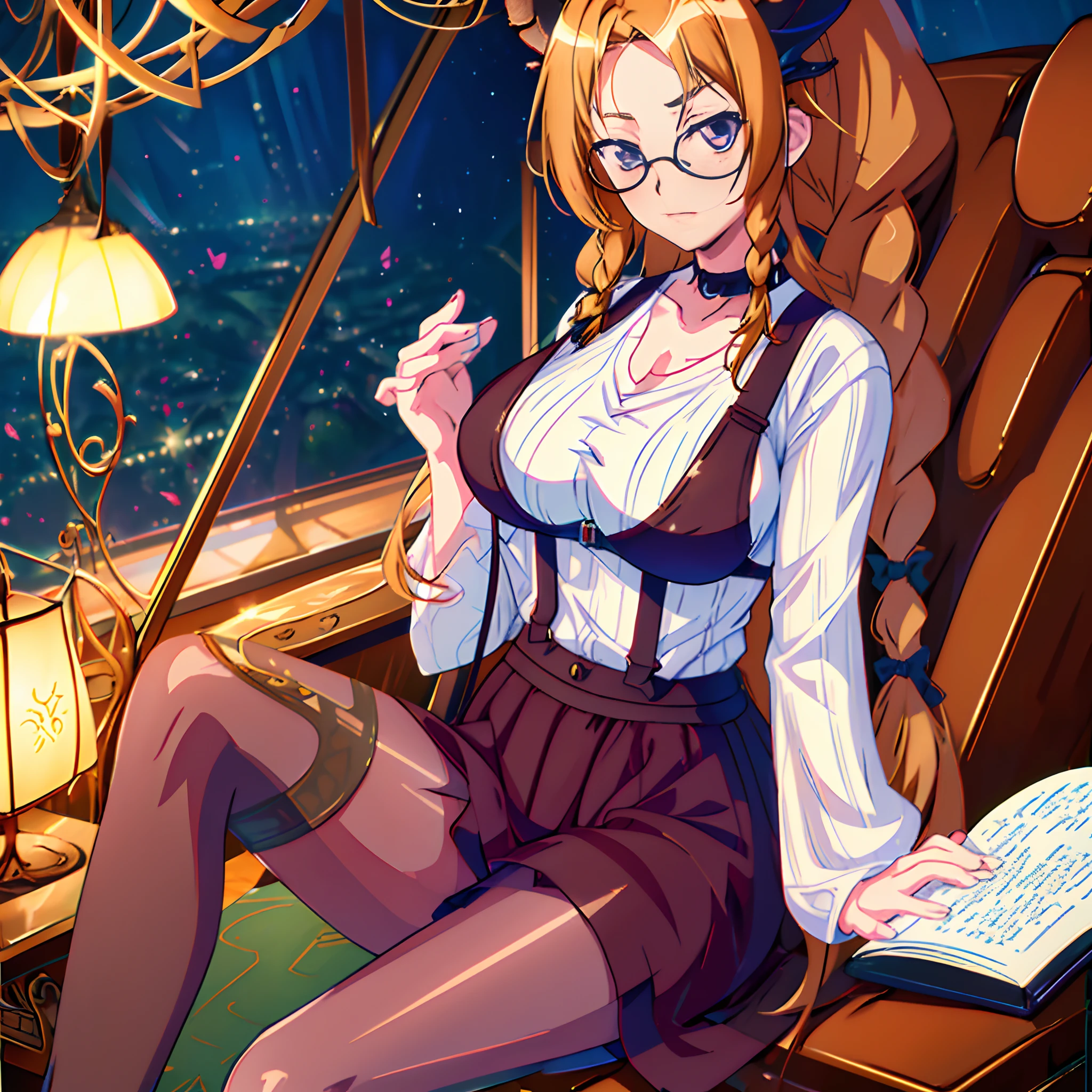 Solo, 1girl, masterpiece, best quality, extremly detailed, Cinematic lighting, intricate detail, highres, official art, finely detailed beautiful face and eyes, high resolution illustration, 8k, dark intense shadows, overexposure,  [blonde hair/brown hair], single braid, purple eyes, glasses, smug, sitting on chair, upper body, (opaque brown pantyhose), large breasts, V-neck, choker, white shirt, suspenders, book_stack, library, ((vine)), rose, looking at the viewer, dragon horns