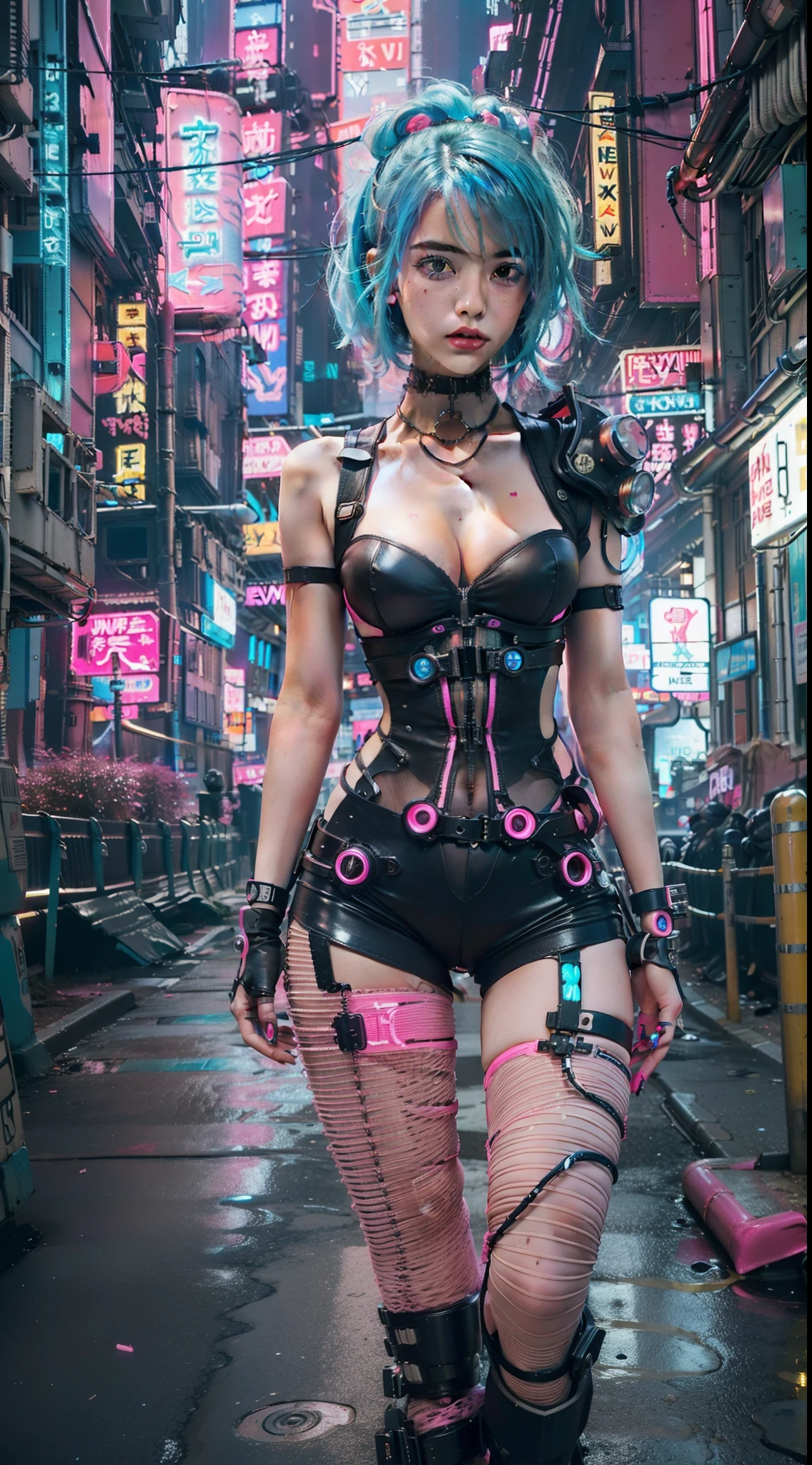 (masutepiece, of the highest quality, Best Quality, Official art, Beautiful and aesthetic:1.2),(1girl in:1.4),Full body,([Pink|Blue] hair:1.5),ighly detailed,(Fractal Art:1.3),(Colorful:1.5),highest details,(Mechanical modification:1.3),(corrected:1.2),Maiden,(A complex mechanical conduit is inserted into the back:1.5),catheter,(Neon background:1.4),(Neon City:1.75),Night,Large breasts,(Gothic_ta:1.2),high-heels,(:0.75),makeup,blush,(Cyberpunk:1.4),((Looking at Viewer:1.3)),((Looking back)),Sofia Boutella, brunette, sun burn, Colossal tits, Nikon D850 Film Stock Photography 4 Kodak Portra 400 Camera F1.6 lens rich colors hyper realistic lifelike texture dramatic lighting unrealengine trending on artstation cinestill 800,