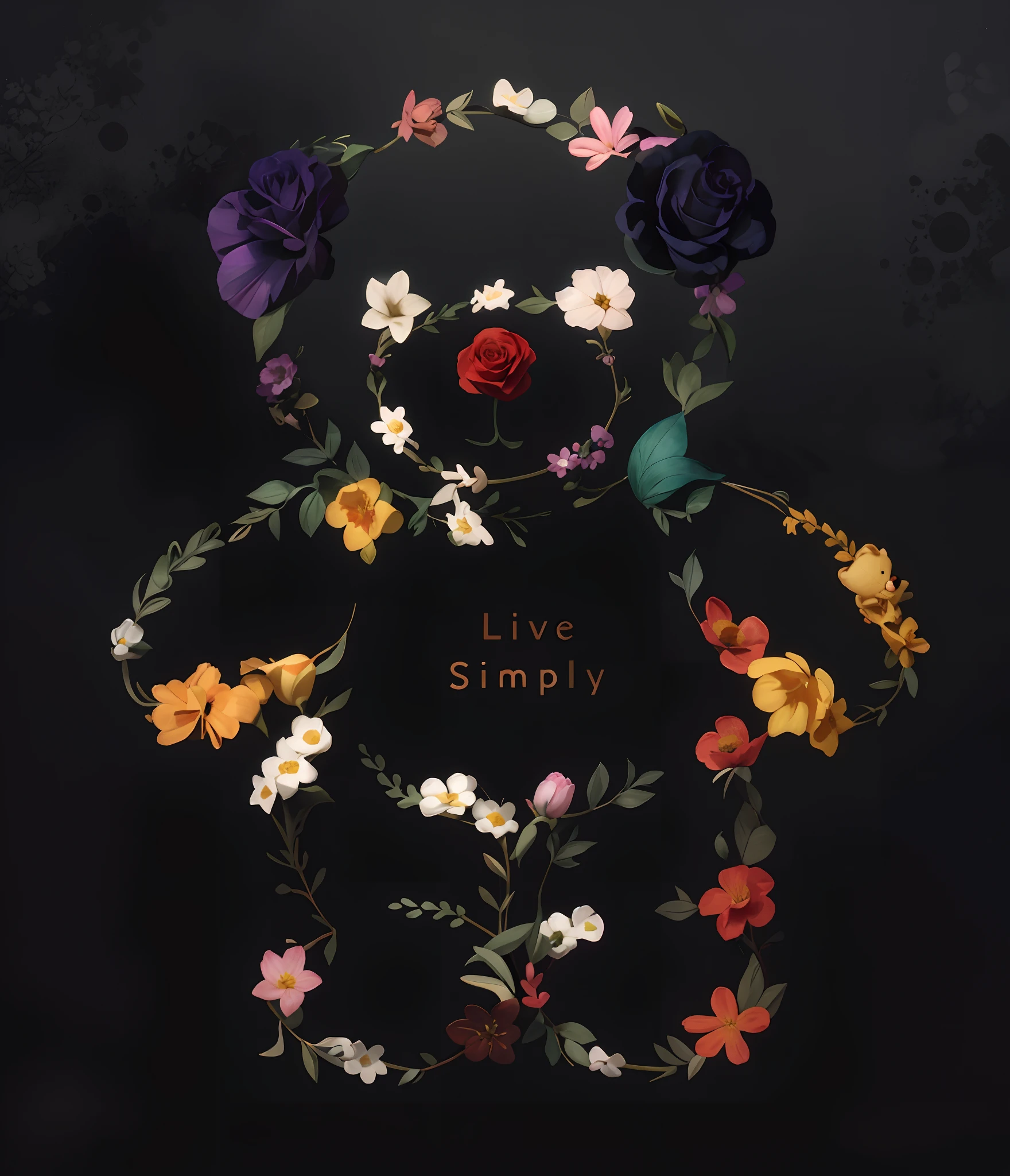 There is a teddy bear with flowers on the black background.