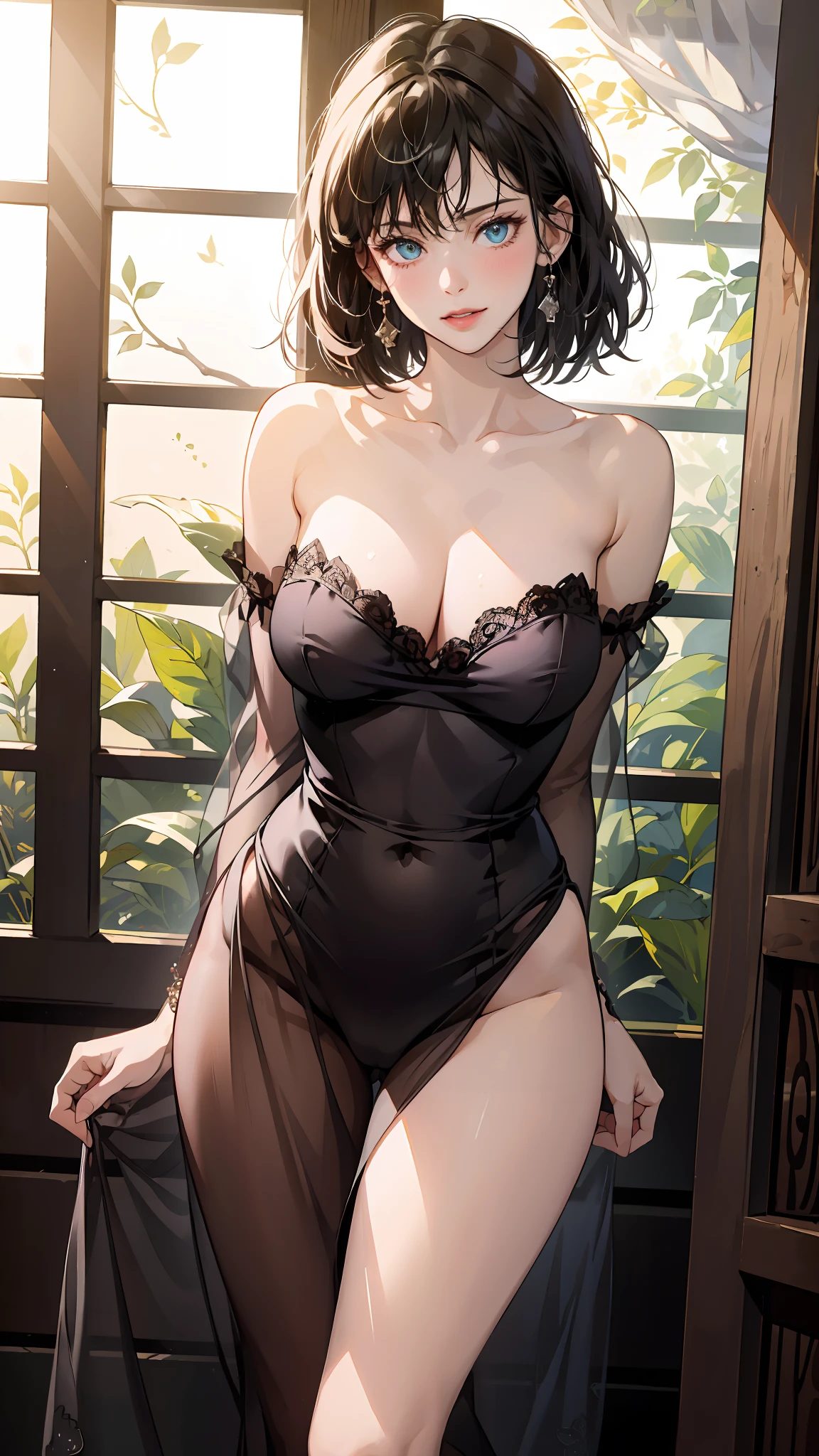((((masterpiece, best quality, high resolution)))), (1girl:1.5), short wavy hair, bob cut, (large breasts: 1.2), blush, light smile, parted lips, glow, thighs, bare shoulders, collarbone, narrow waist, cleavage, wide hips, (beautiful detailed face, beautiful detailed eyes), long slender thighs, perfect eyes, looking at the viewer, seductive looks, seductive pose, standing on the door, arms behind back, night time, satin nightgown, see through, translucent,