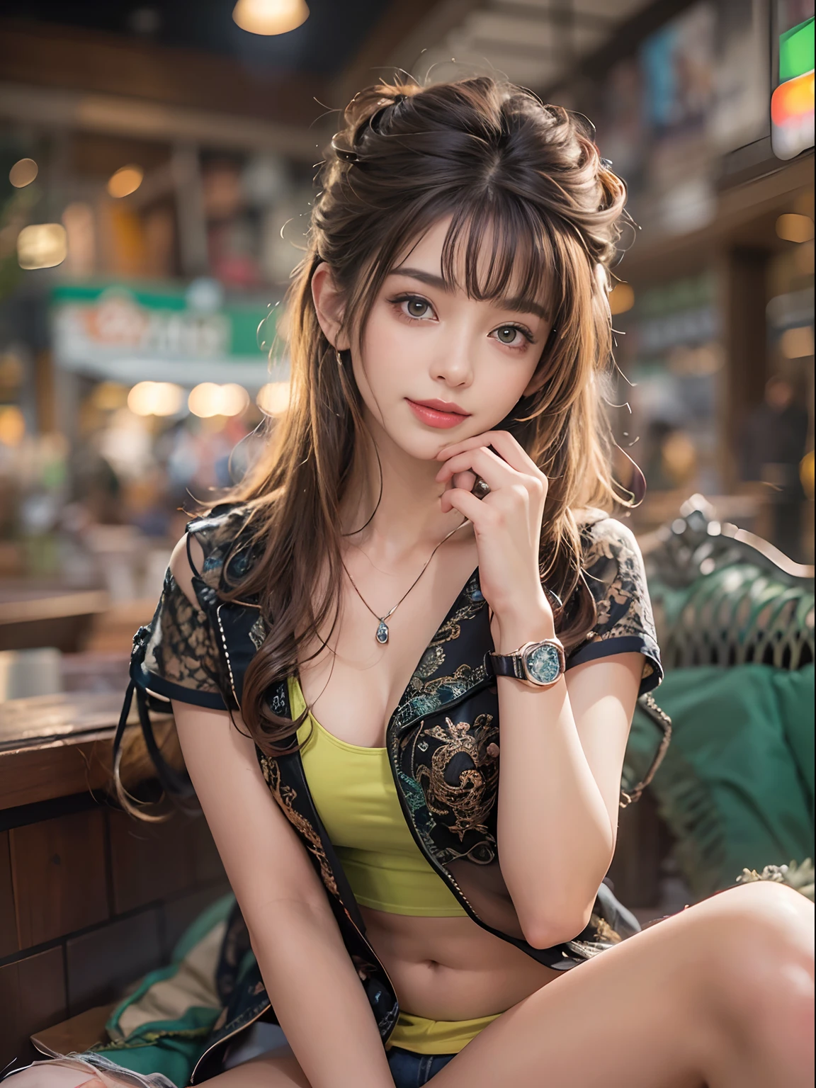 (Masterpiece, Best quality, Ultra-detailed, A high resolution, 4K),(Beautiful detailed eyes),(Very detailed face),(1girll),hdr,Long hair, Shorts, Phone, Brown eyes, Brown hair, cellular phone, Bracelet, vests, jewelry, Watch, Lips, solofocus, nail polish, The background is blurred out, Smile, wristwatch, Realistic, Blurry, view the viewer