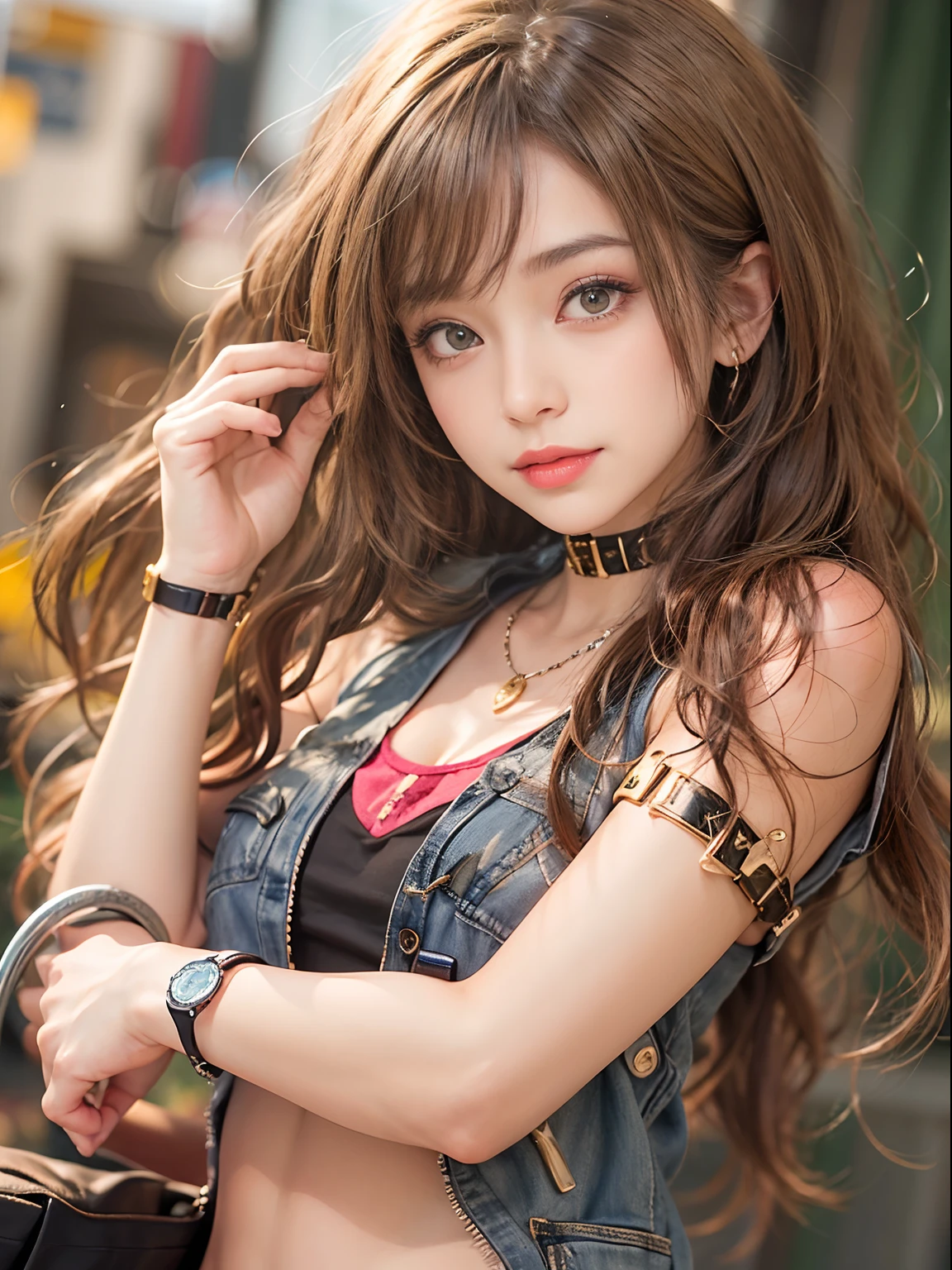 (Masterpiece, Best quality, Ultra-detailed, A high resolution, 4K),(Beautiful detailed eyes),(Very detailed face),(1girll),hdr,Long hair, Shorts, Phone, Brown eyes, Brown hair, cellular phone, Bracelet, vests, jewelry, Watch, Lips, solofocus, nail polish, The background is blurred out, Smile, wristwatch, Realistic, Blurry, view the viewer