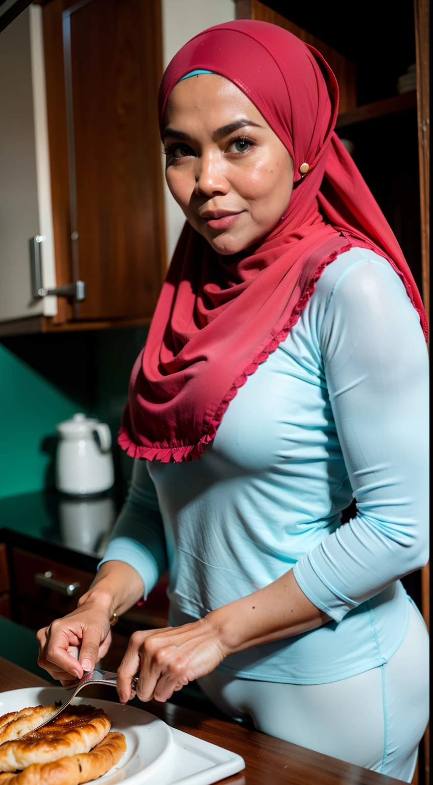 One beautiful matured malay women with pastel color hijab cooking breakfast wearing red cotton bra and leggings, beautiful matured face, mother, side lighting, light blue modern kitchen, malaysian, professional photography,