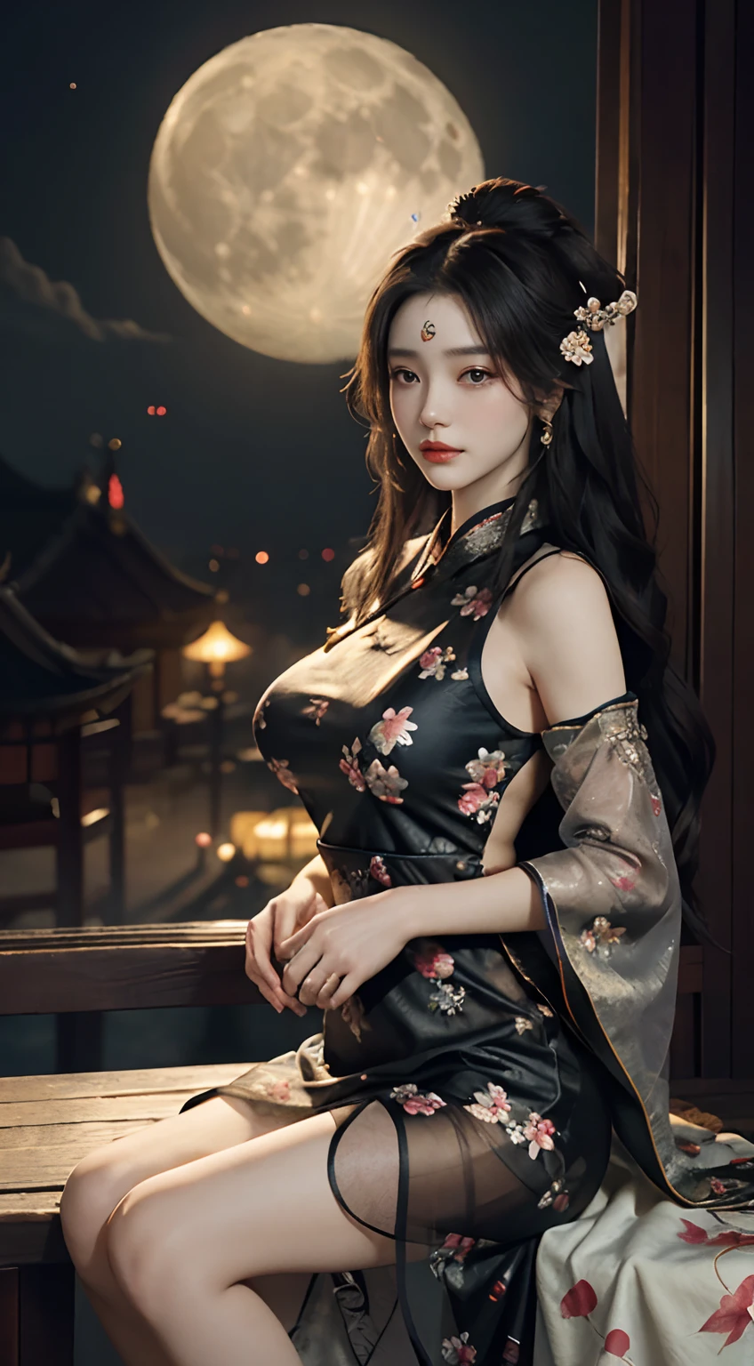 Chang'e，(((Hanfu)))，(((period costume)))，Tang and Song court costumes，(((Huge Moon)))，sitted，(((Big rabbit)))，Skysky，Sit Pose，Top CG，Highest image quality，tmasterpiece，Delicate and delicate beautiful girl，(Tall and tall)，Royal Sister，Queen temperament，with fair skin，(((long leges)))，Perfect facial features，Bright eyes，Enchanting pose，Red lips，Beautiful and cold， (Big breasts),Beautiful and handsome，Long black silky hair，glittery，Skin is visible through see-through，(((Floral dress)))，8K quality，(Realistic portraits)，Characters fill the frame，((Face lighting)),