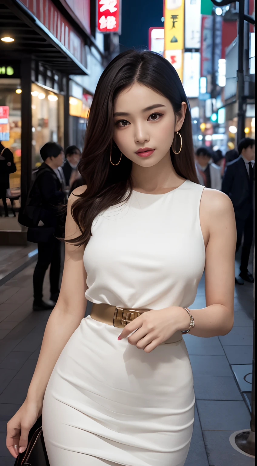 top-quality, masterpiece, high-detail, 16k picture quality, 细致背景, In the heart of Tokyo’s vibrant cityscape, a stunning woman between the ages of 27 and 40 elegantly adorns herself in a figure-hugging, sleeveless knit dress that accentuates her allure. She stands at a bustling street corner on a Tokyo night, her eyes locking onto us with a mesmerizing gaze. Her dress, snug and alluring, highlights her ample bosom and a waist that tapers gracefully. Her hair, a beautiful shade of light brown, flows like silk, framing her striking features.
This captivating woman possesses an irresistible charm that captures the attention of everyone around her. The dazzling neon signs of the bustling metropolis cast a vibrant glow, making her hair radiate with an ethereal beauty. In this scene, amidst the urban hustle and bustle, she stands as a beacon of allure and sophistication, where the city lights dance in harmony with her beauty, creating a tableau of timeless elegance in the heart of Tokyo.,