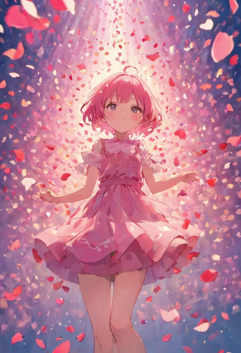 Rose petals floating in the air, art-deco, Color field painting, Chiaroscuro, Cinematic lighting, angle of view, hyper HD, Masterpiece、Pink and tender tones、No man's scene