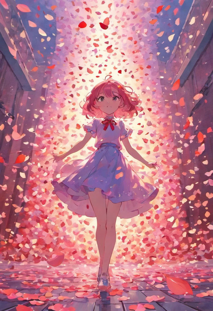 Rose petals floating in the air, art-deco, Color field painting, Chiaroscuro, Cinematic lighting, angle of view, hyper HD, Masterpiece、Pink and tender tones、No man's scene