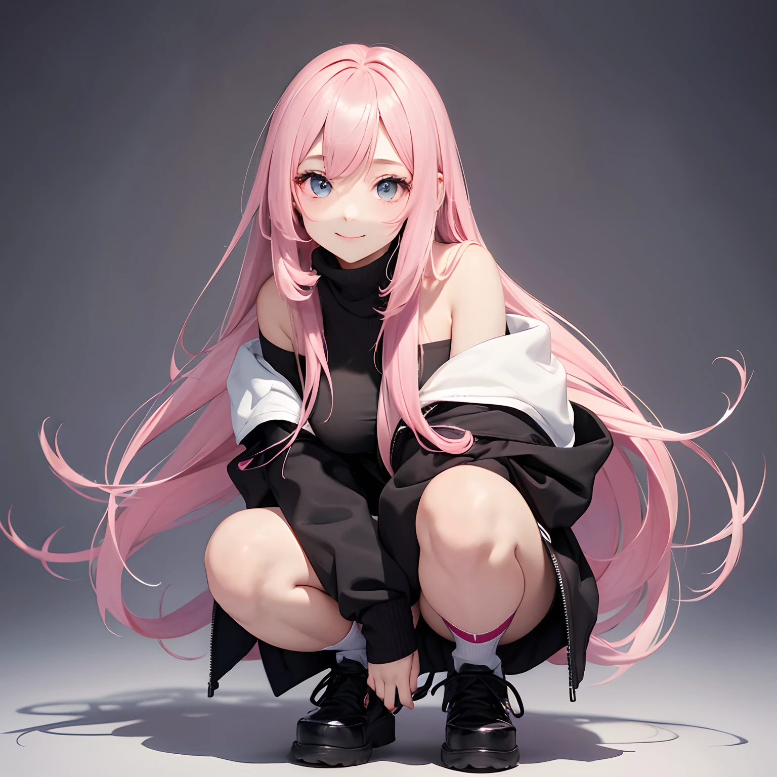 (Masterpiece, high quality) 1girl, solo, long pink hair, detailed eye, cute face, looking at viewers, cute smile, squatting pose, wearing black open jacket (off the shoulder), small black skirt, white background, big breast visible through her jacket, black shoes