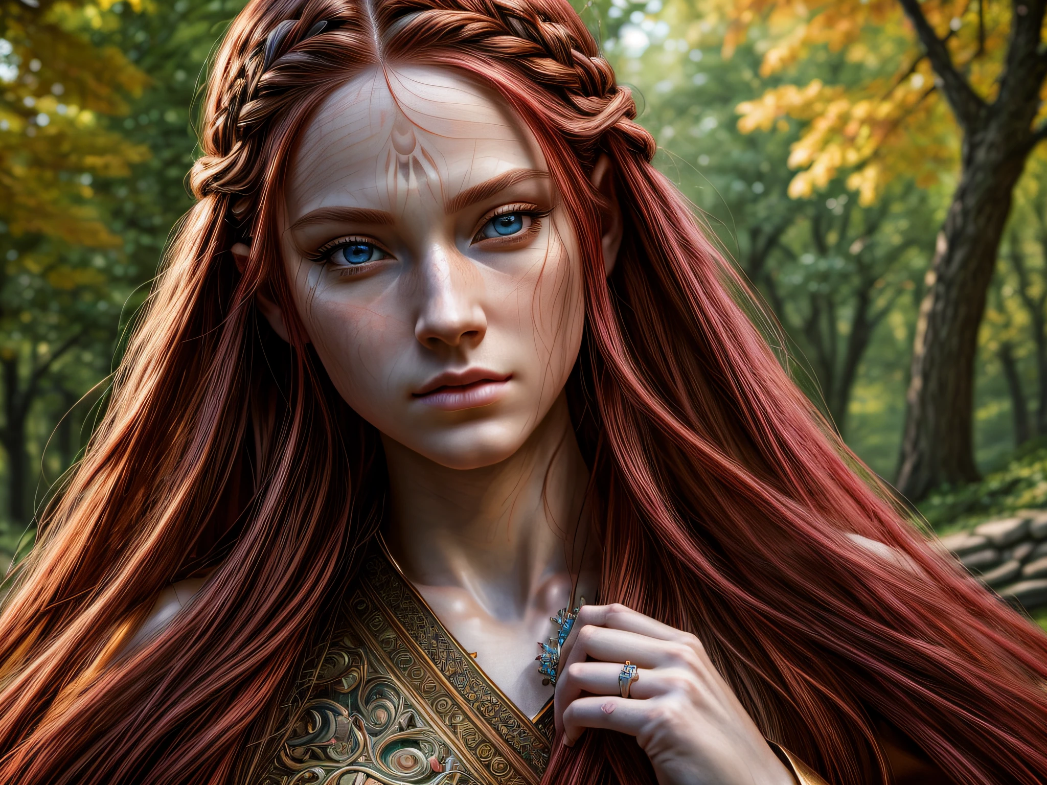fantasy art, photorealistic, D&D art, a picture of a female monk sitting and meditating in Central Park New York in autumn, there is a human woman monk wearing monk garbs, meditating at Central Park New York, red hair, long hair, full body (best Detailed, Masterpiece, Hyperrealistic :1.5), ultra detailed face (best Detailed, Masterpiece, Hyperrealistic :1.5), ultra feminine (best detailed, Masterpiece, Hyperrealistic :1.5), Perfect Body, exquisite beautiful (best Detailed, Masterpiece, Hyperrealistic :1.5) red hair, long hair, braided hair, pale skin, blue eyes, intense eyes, ultra best realistic, best details, best quality, 16k, [ultra detailed], masterpiece, best quality, (extremely detailed), ultra wide shot, photorealism, depth of field, hyper realistic painting, zrpgstyle