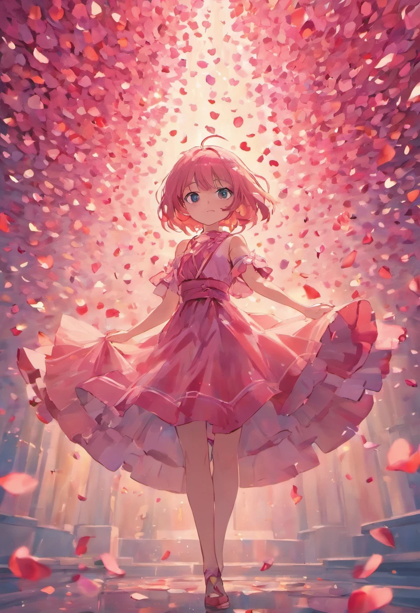 Rose petals floating in the air, art-deco, Color field painting, Chiaroscuro, Cinematic lighting, angle of view, hyper HD, Masterpiece、Pink and tender tones、NOhumans
