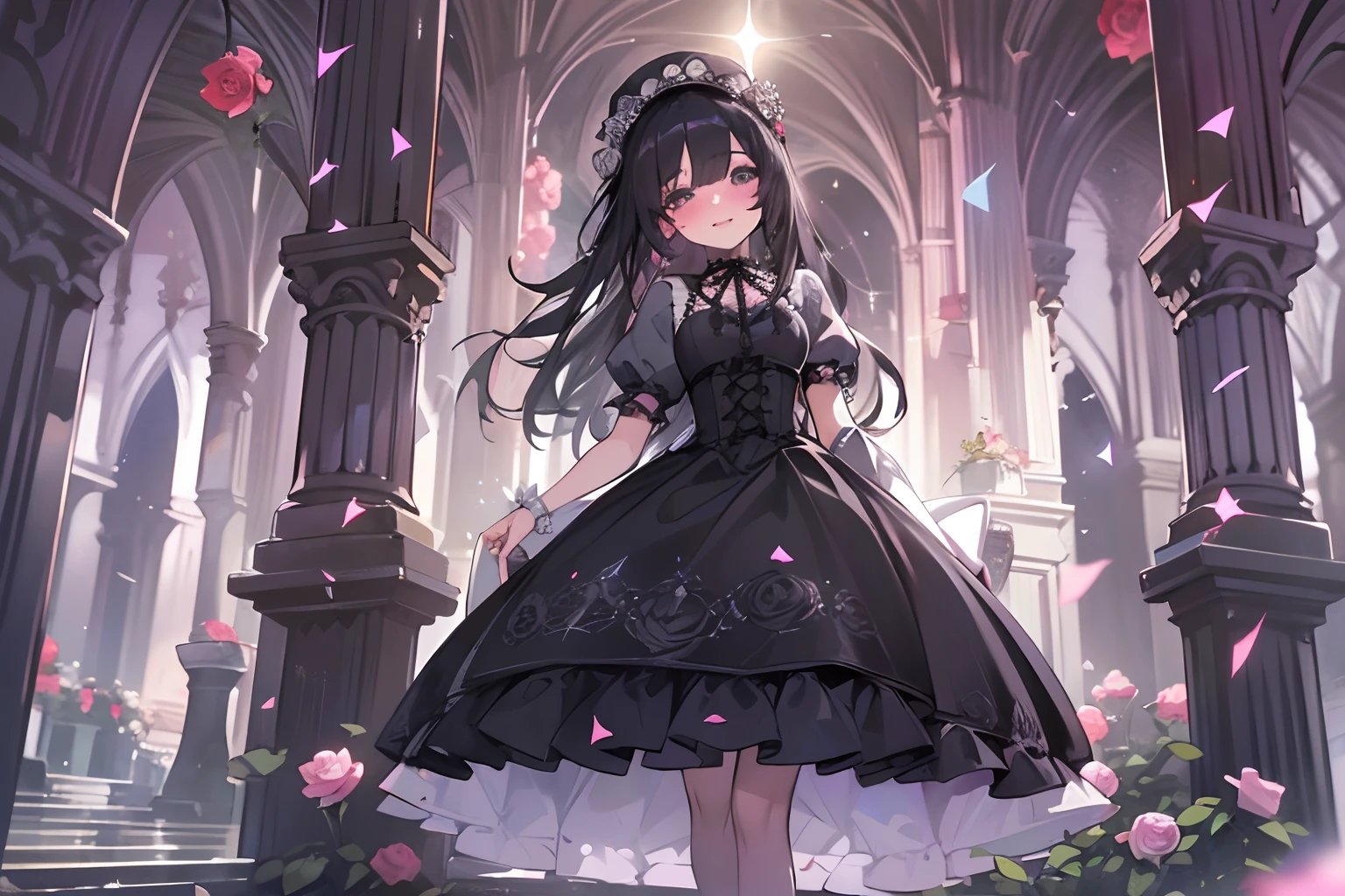 ((Masterpiece)), (High Definition:1.3), best quality, (Professional Photography, photorealistic:1.2), from below, 8K, wide shot, Textured skin, cinematic lighting, 1girl, ((Beautiful Gothic Lolita Dresses, very hoop-dress, Luxury roses embroidery)), cute innocent  girl, Slender and flat breasts, ((long silky black hair, blush, very gothic horror makeup(super detail), beautiful hair)), smile, neat and clean, ((cute sparkle)), Light particles, sit in beautiful horror garden, (black roses garden)