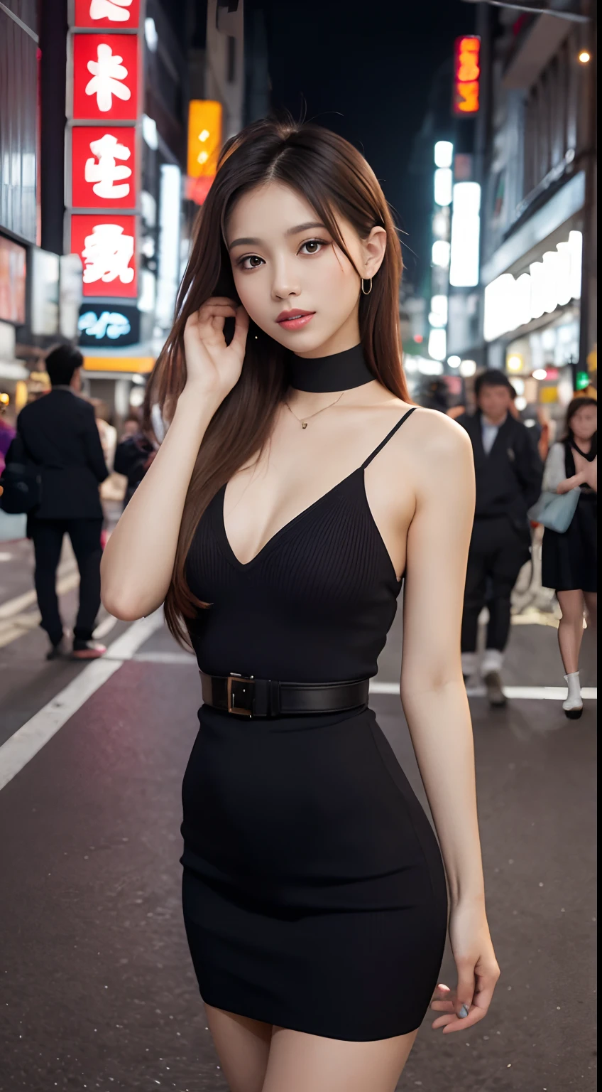 top-quality、masterpiece、超A high resolution、(realisitic:1.4)、Bautiful Women1、Beautiful detail eyes and skin、smile、Light brown middle-cut hair, She is Wearing a black suit, gorgeous chinese model, photo of slim girl model, IG-Modell, beautiful female model, Choker, 24, 24 years old, black suit, white skin