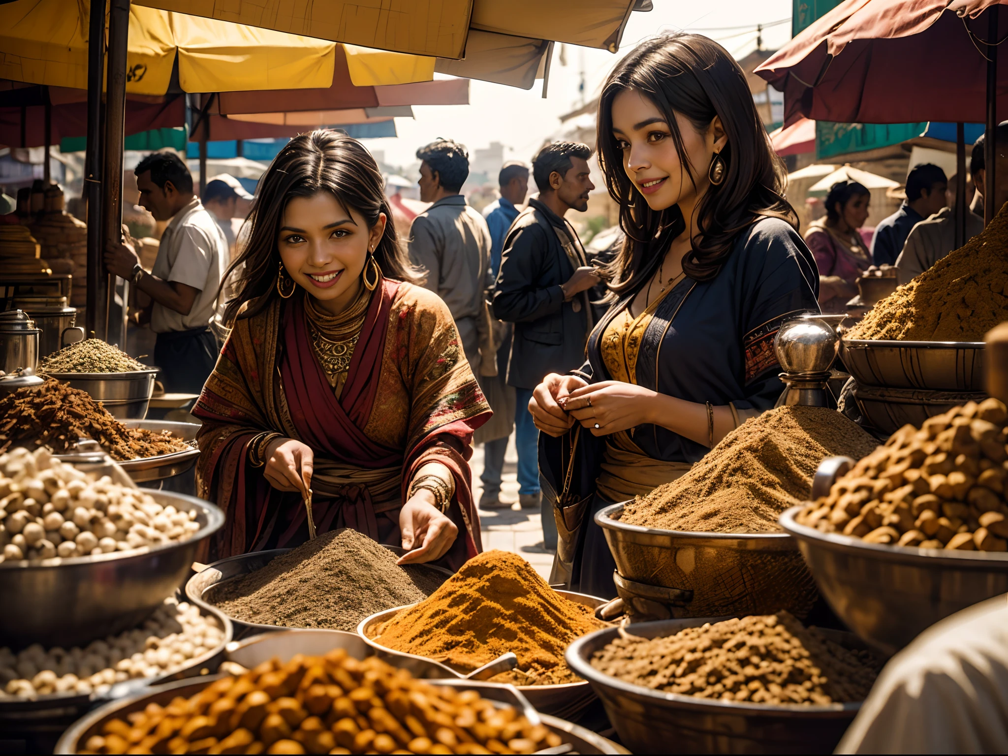 Documentary-style photography of a bustling marketplace in Marrakech, with spices and textiles, close up of spices with blurred background, happy people haggling over spices, bright vivid colors.