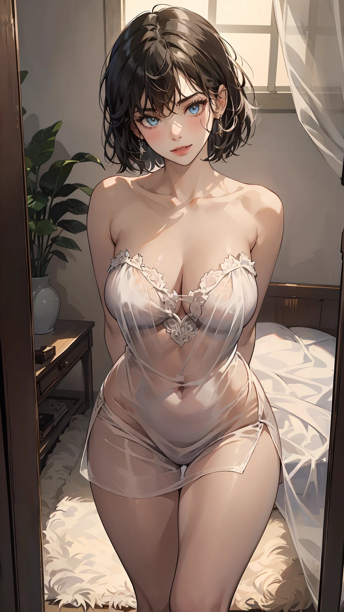 ((((masterpiece, best quality, high resolution)))), (1girl:1.5), short wavy hair, bob cut, (large breasts: 1.2), blush, light smile, parted lips, glow, thighs, bare shoulders, collarbone, narrow waist, cleavage, wide hips, (beautiful detailed face, beautiful detailed eyes), long slender thighs, perfect eyes, looking at the viewer, seductive looks, seductive pose, standing on the door, arms behind back, night time, satin nightgown, see through, translucent,