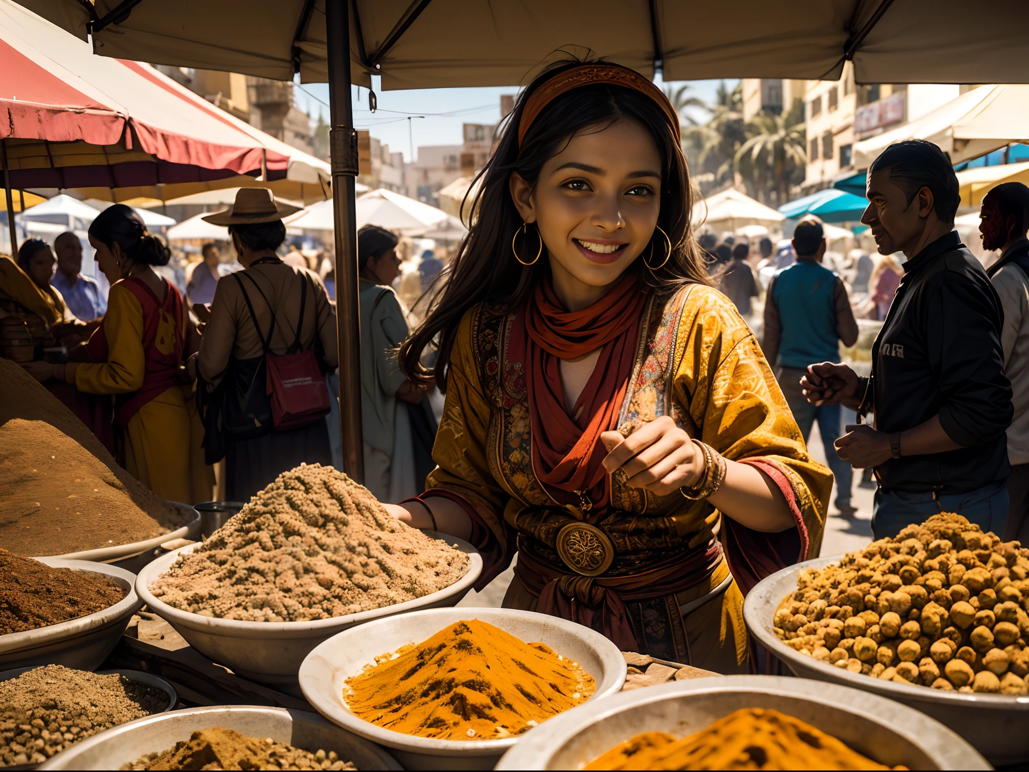 Documentary-style photography of a bustling marketplace in Marrakech, with spices and textiles, close up of spices with blurred background, happy people haggling over spices, smiling, (bright vivid colors).